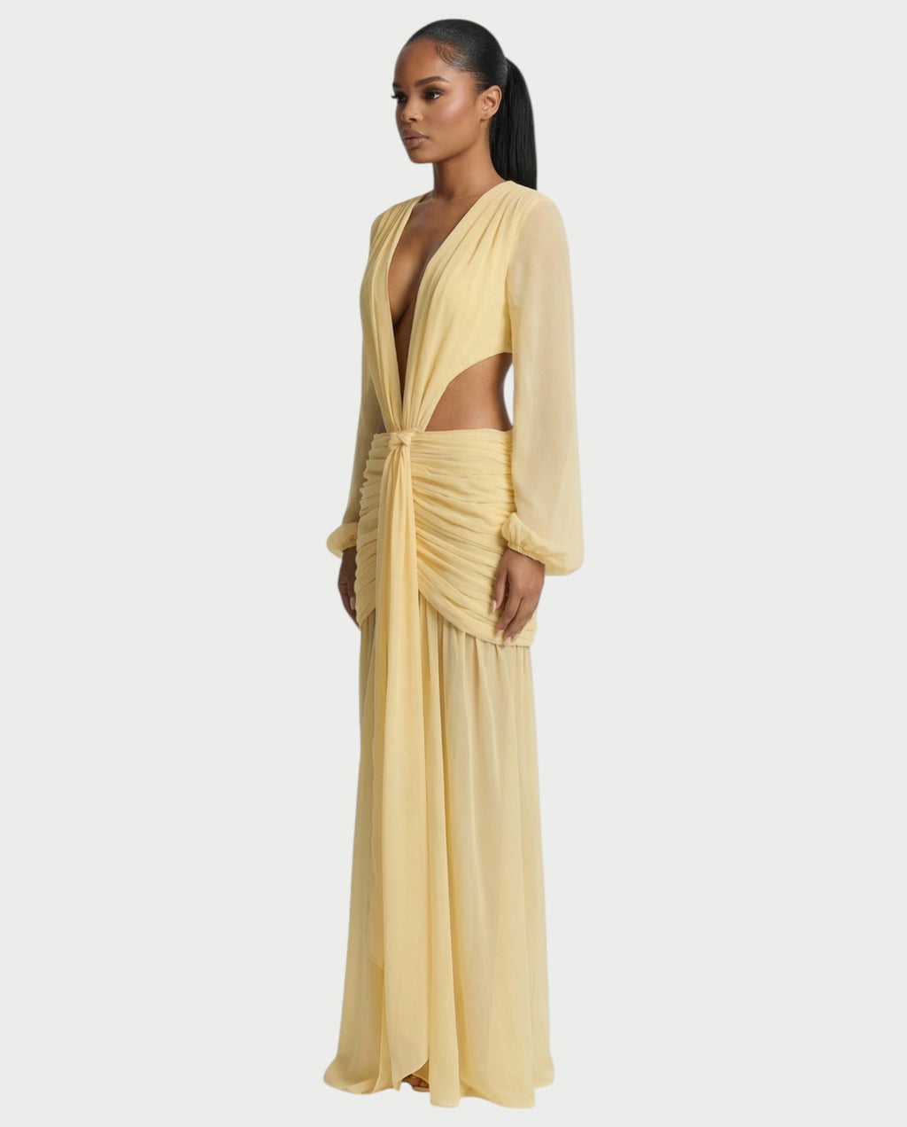 RAIZA Open Back Draped Chiffon Maxi Dress