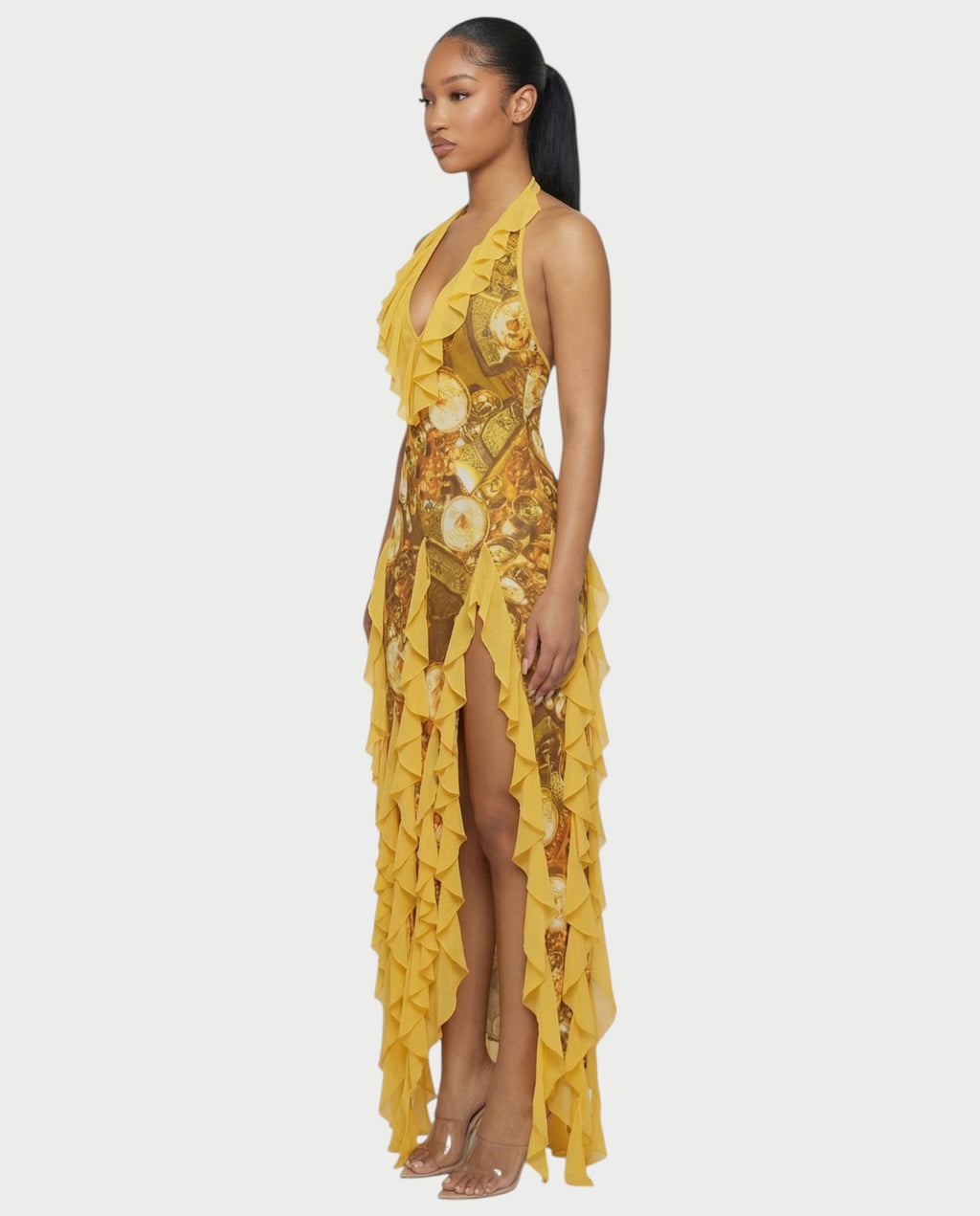KIMMY Baroque Chain Print Ruffle Maxi Dress