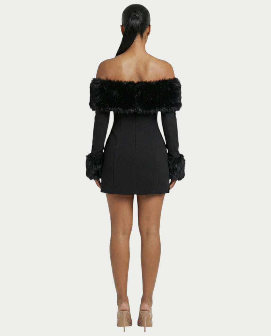 NIRAYA Off-Shoulder Faux Fur Trim Mini Dress