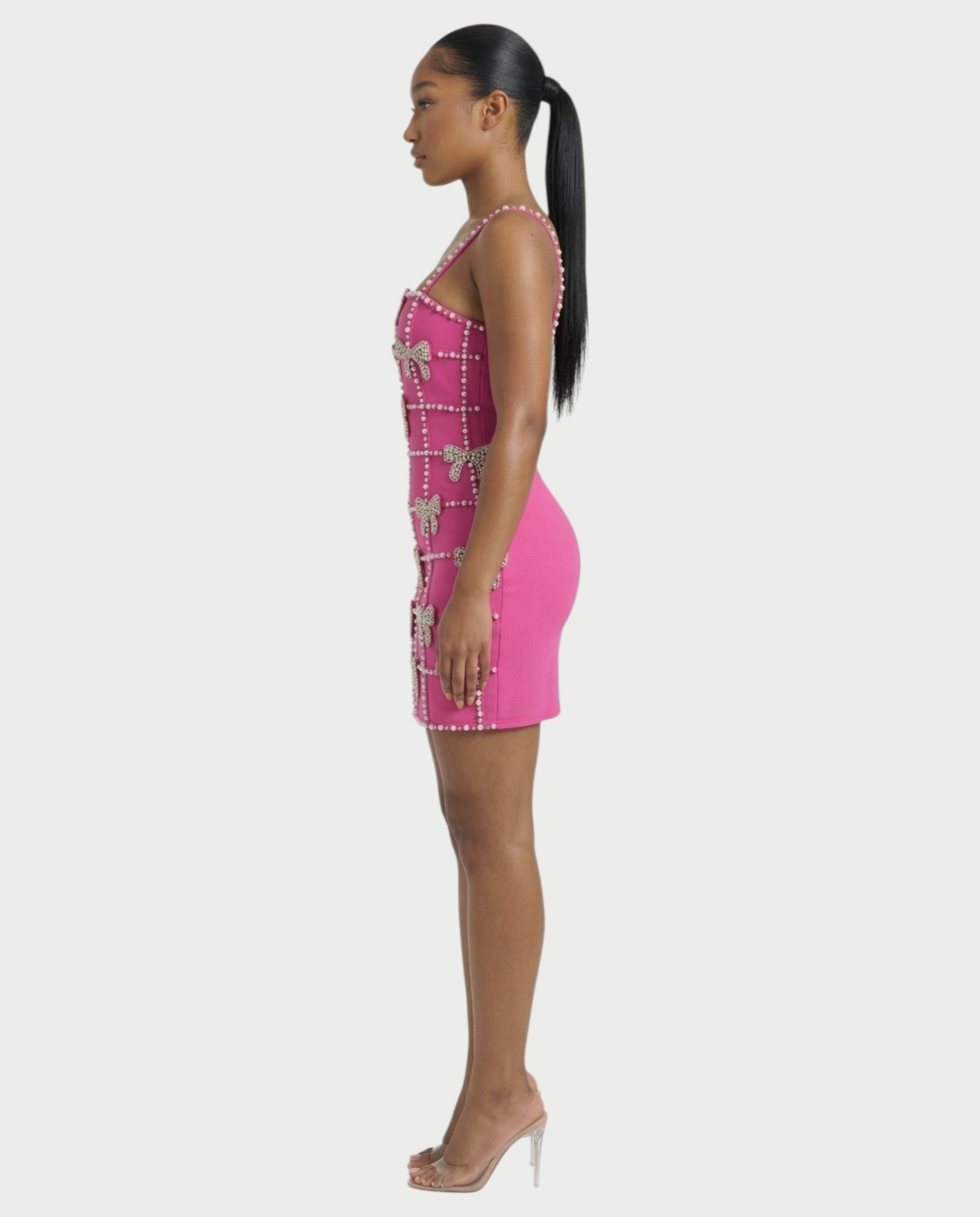 RYMA Rhinestone Grid Bow Mini Dress