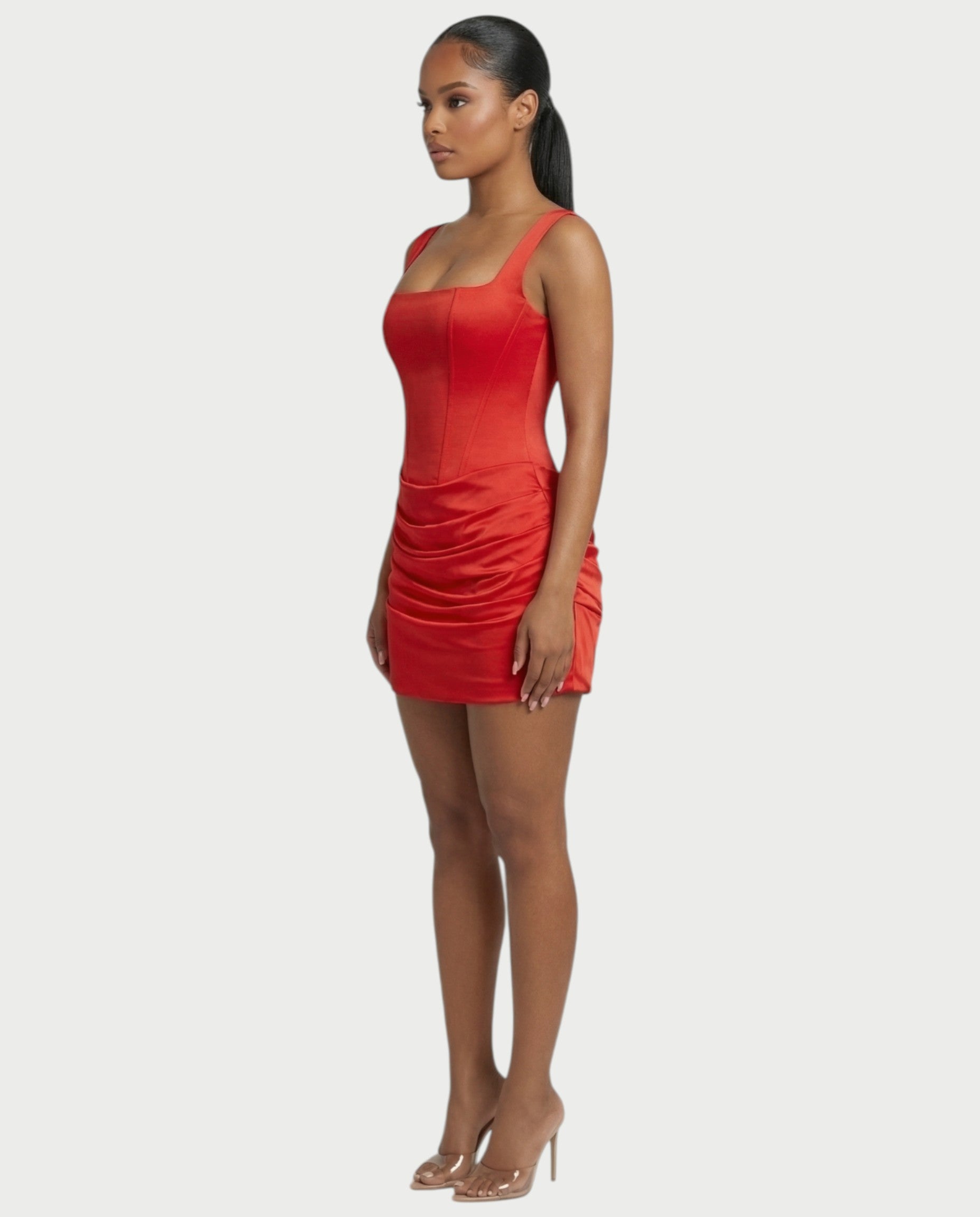 ROANE Square-Neck Ruched Satin Mini Dress