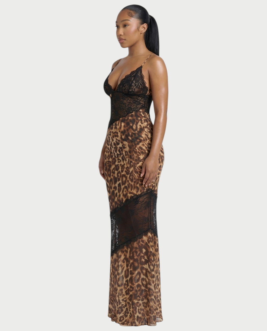 GRETA Leopard Lace Panel Sheer Maxi Dress