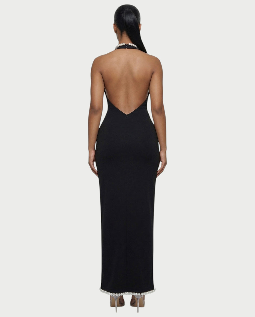 VIDA Pearl-Trim Halter Slit Maxi Dress