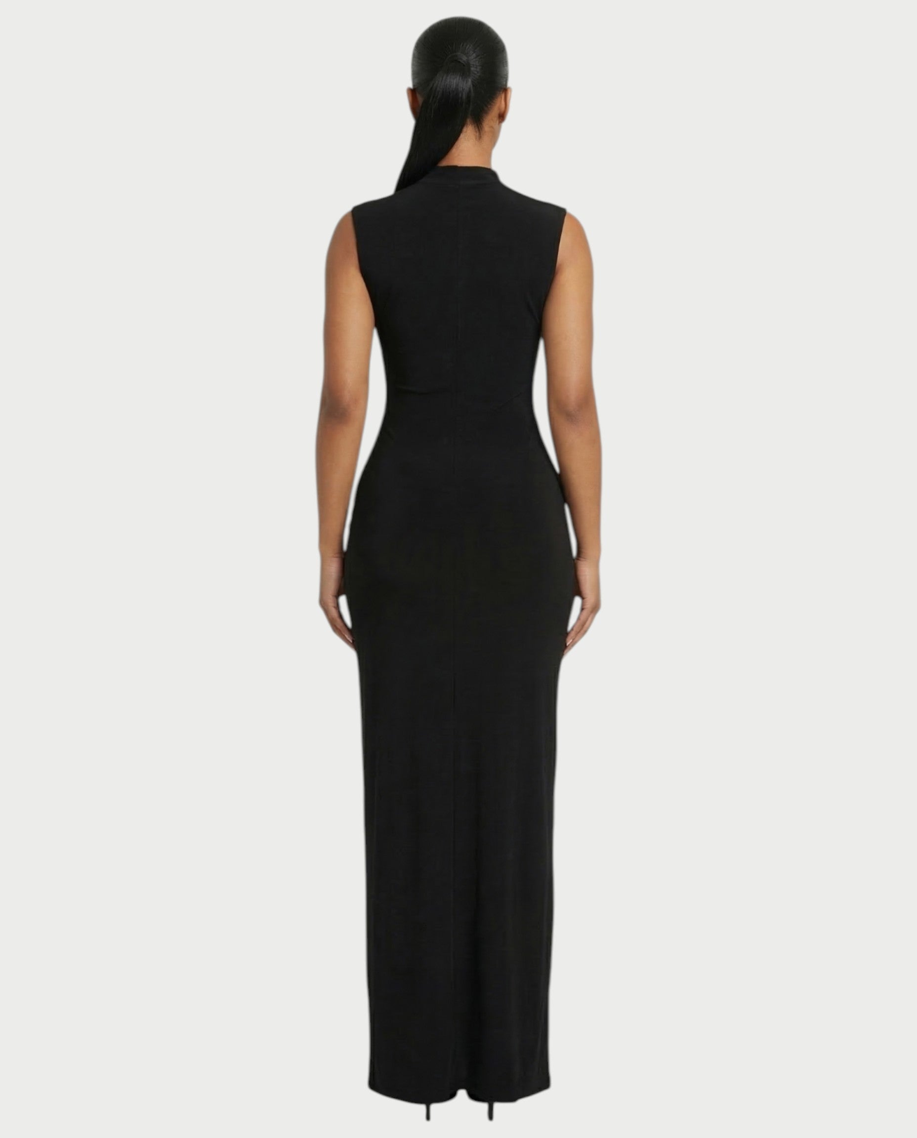 DELTA Sheer Panel Mock-Neck Bodycon Maxi Dress