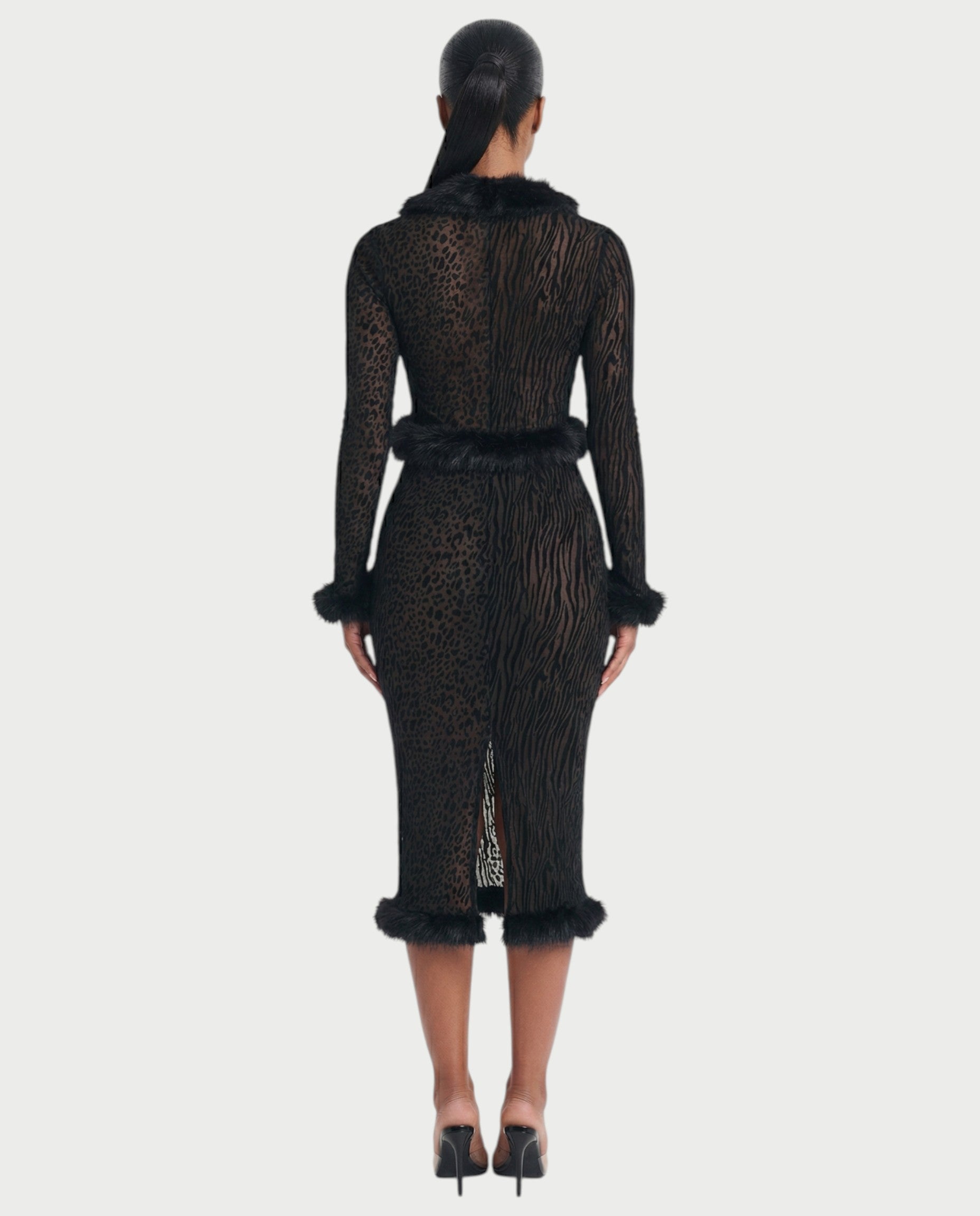 ROMENA Fuax-fur Trim Leopard Top & Midi Skirt Set