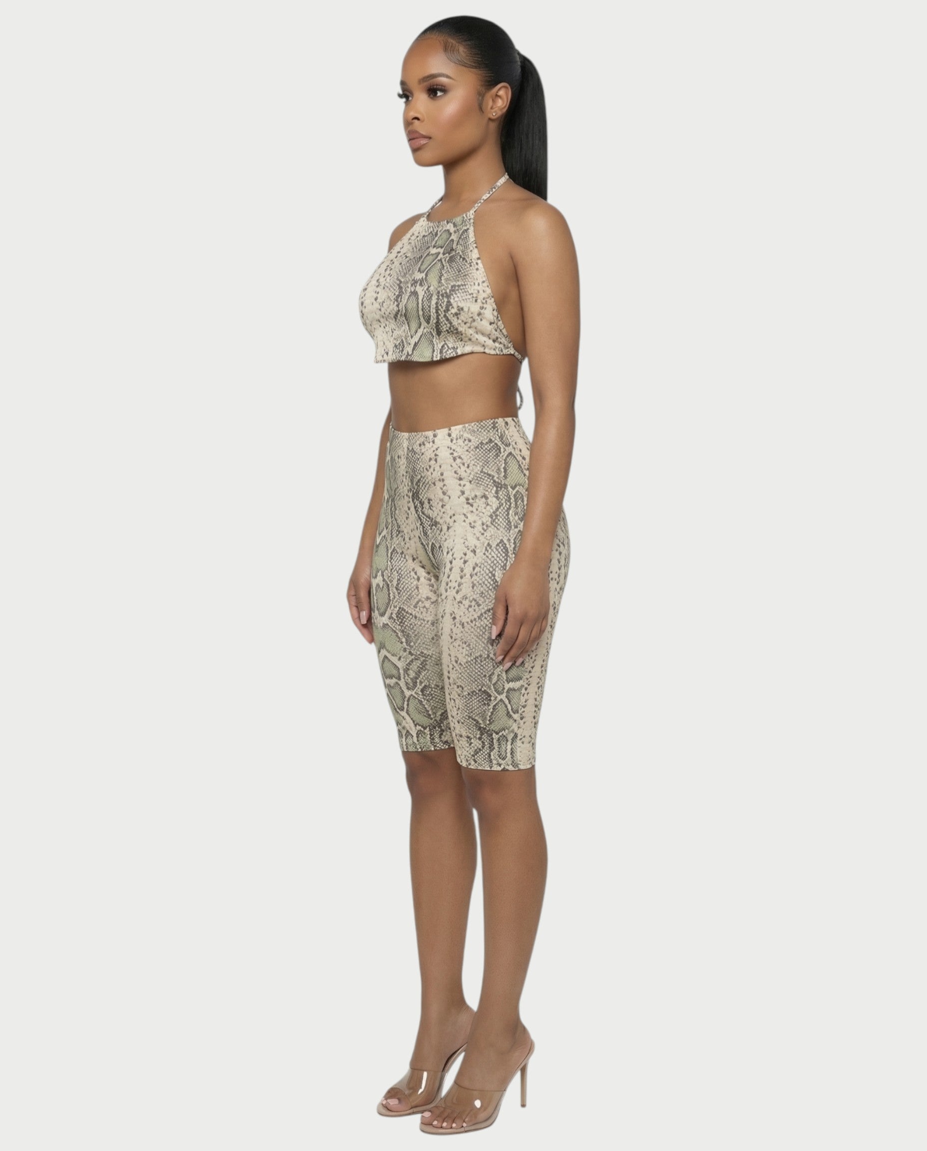 FLORA Snake Print Halter Crop Top & Capri Pants Set