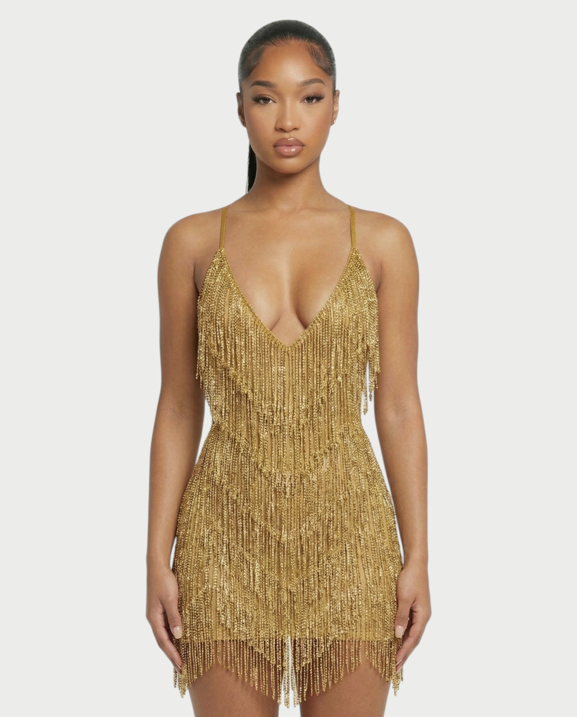 KRISSE Backless Crystal Diamond Tassel Mini Dress