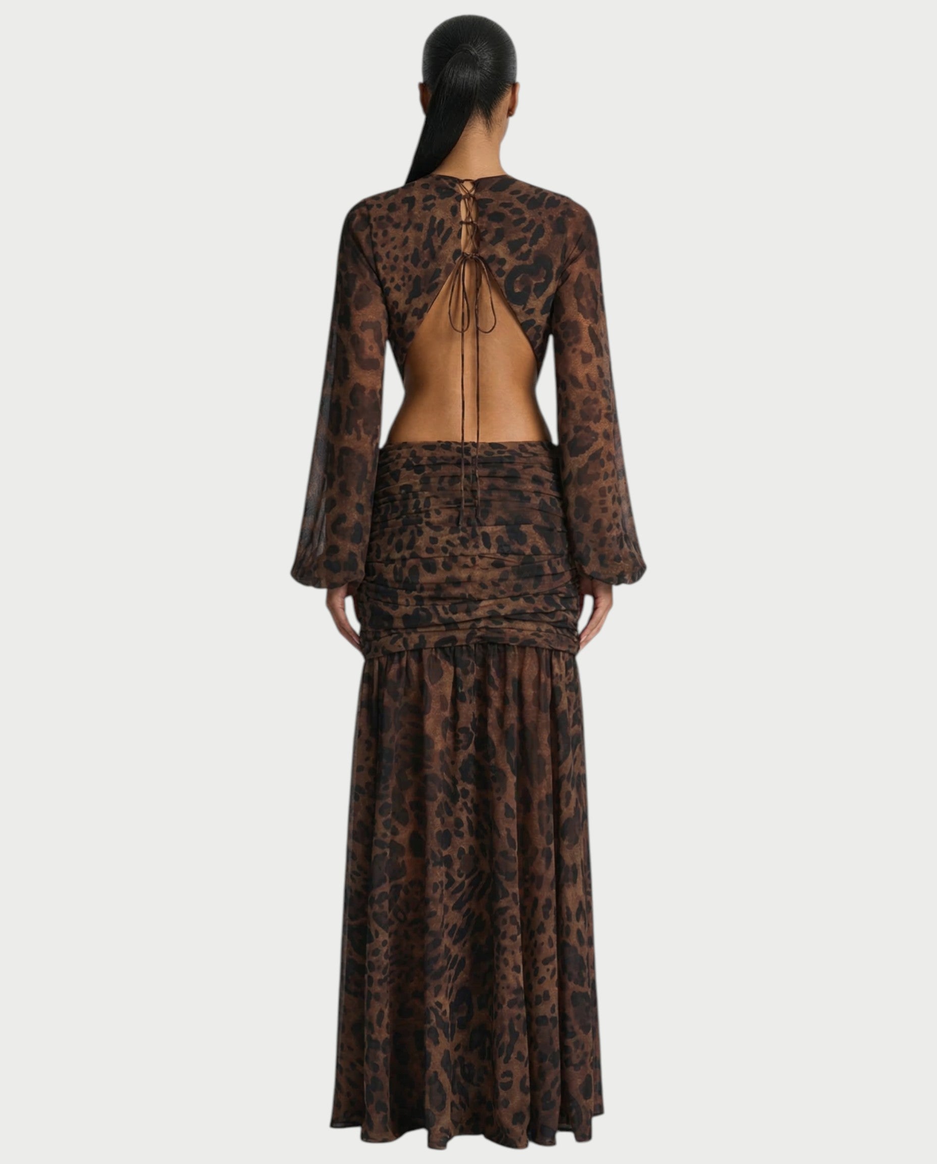 RAIZA Leopard Open Back Chiffon Maxi Dress