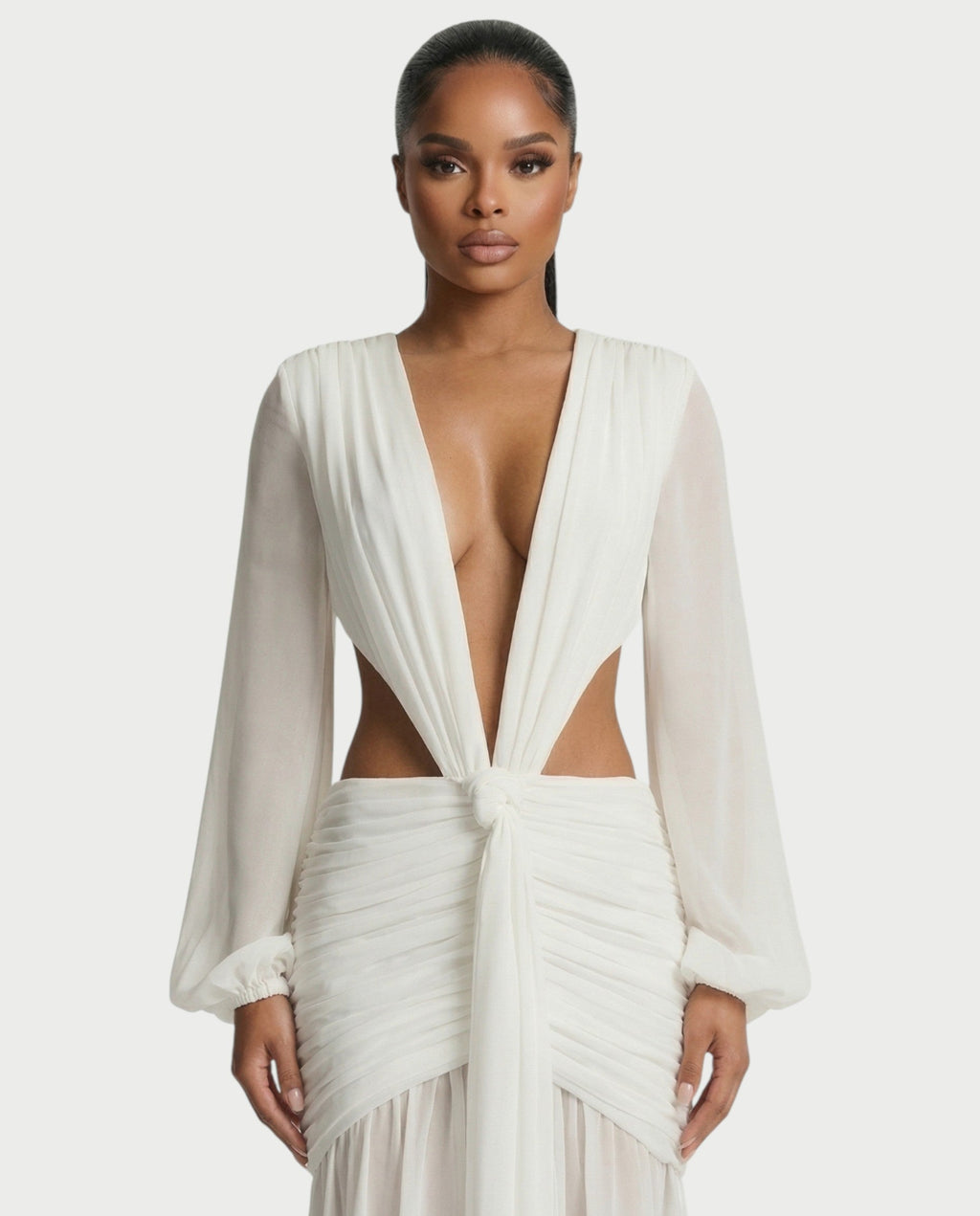 RAIZA Open Back Draped Chiffon Maxi Dress