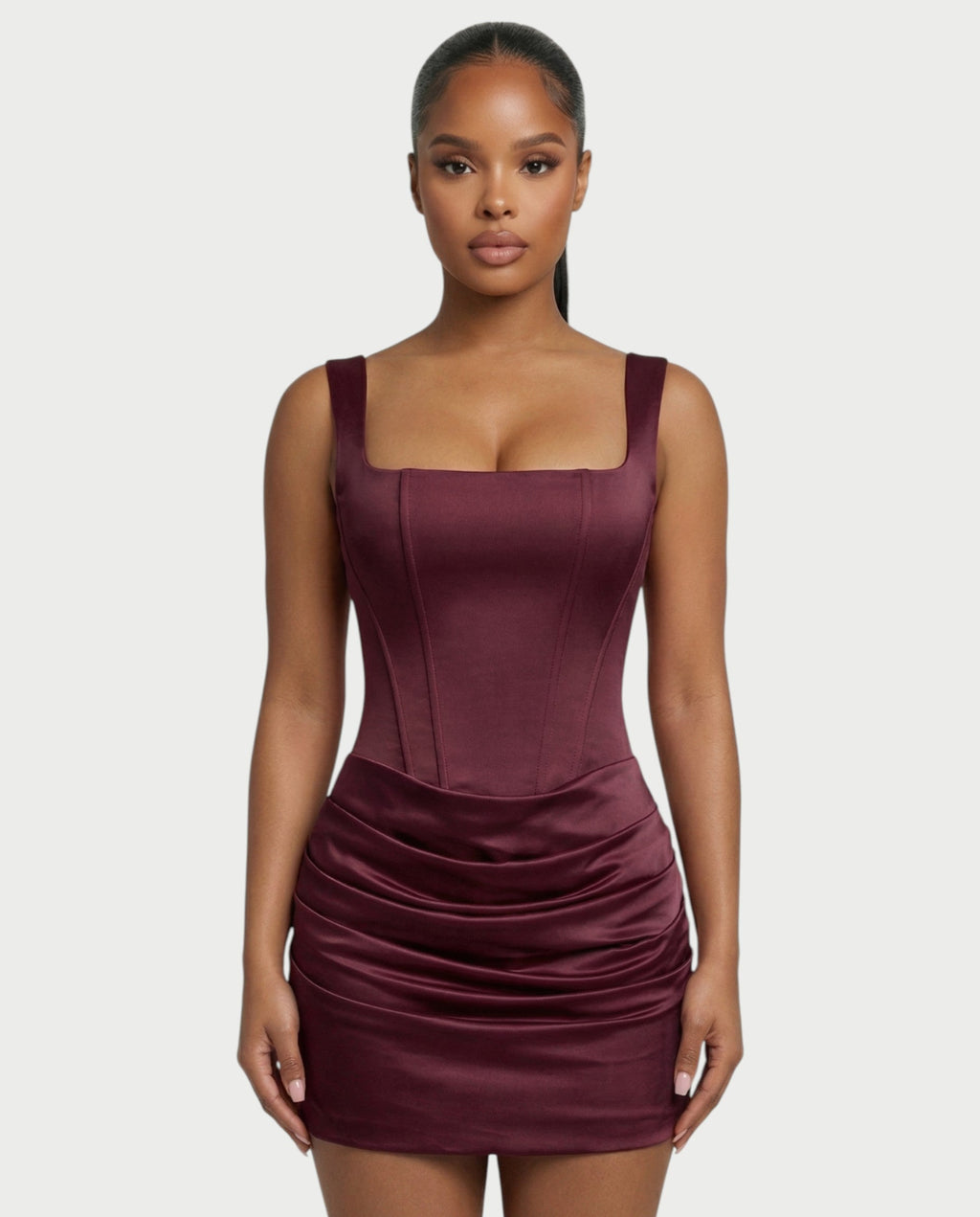 ROANE Square-Neck Ruched Satin Mini Dress