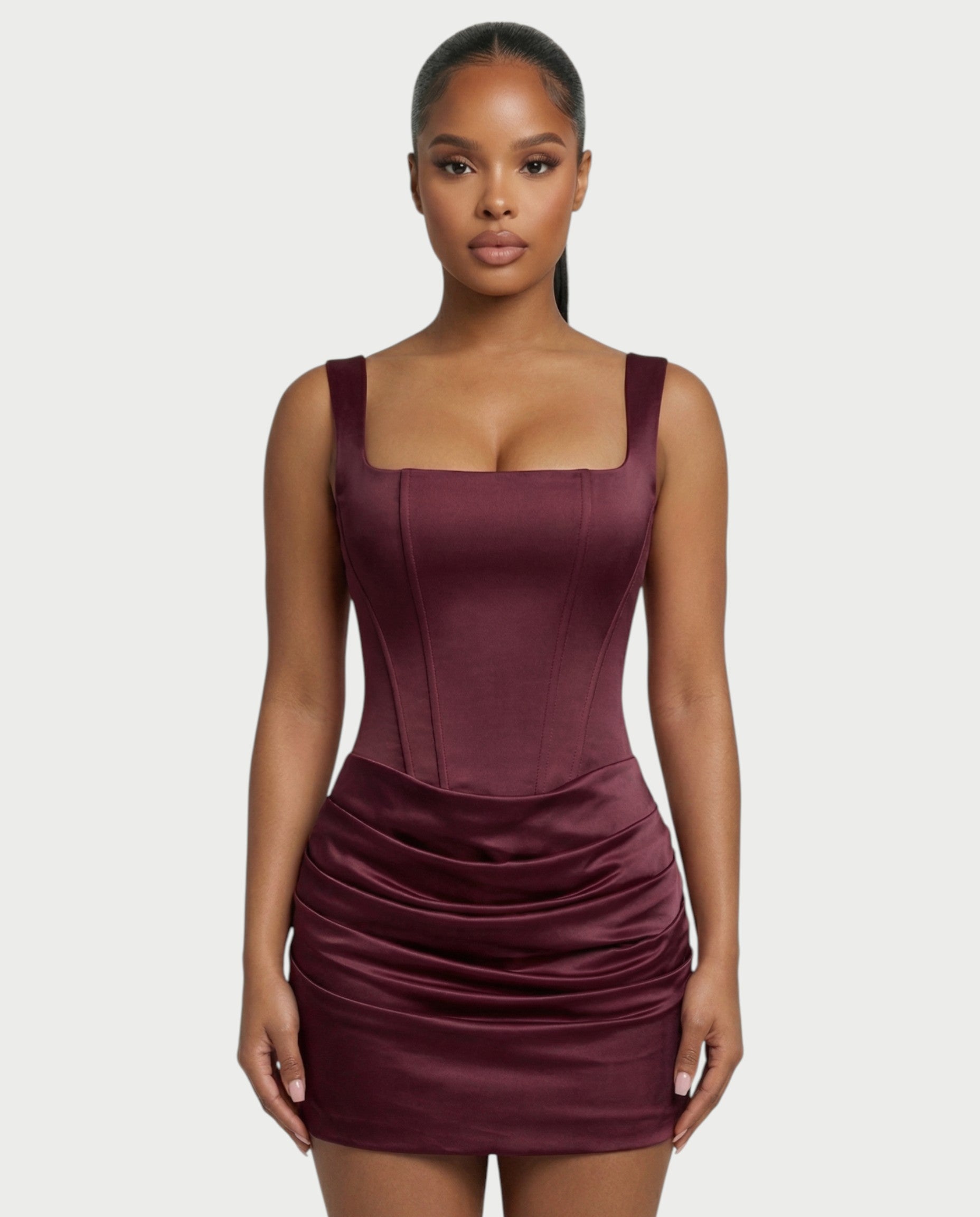 ROANE Square-Neck Ruched Satin Mini Dress