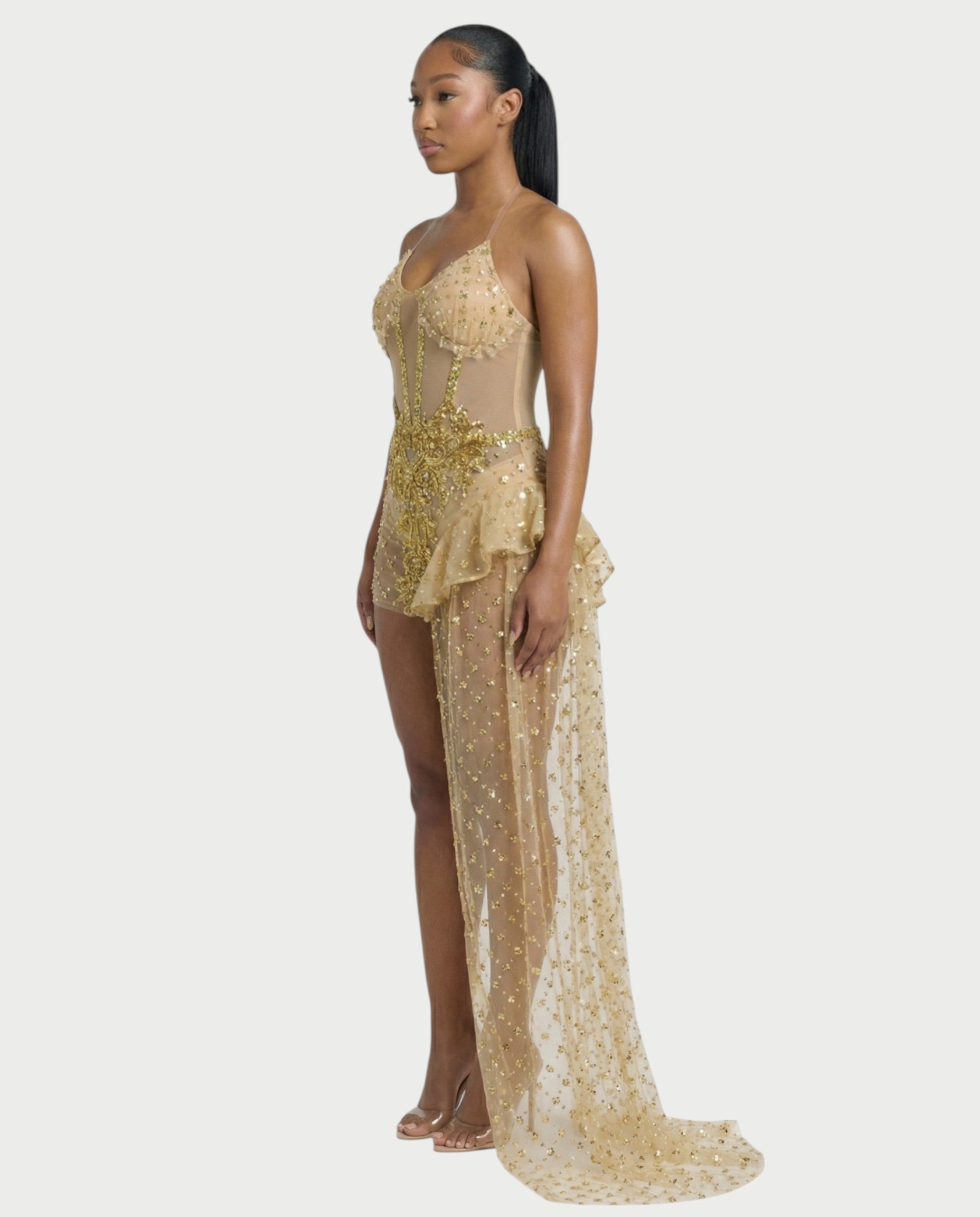 HESUYA Side Tulle Sequin Mini Dress