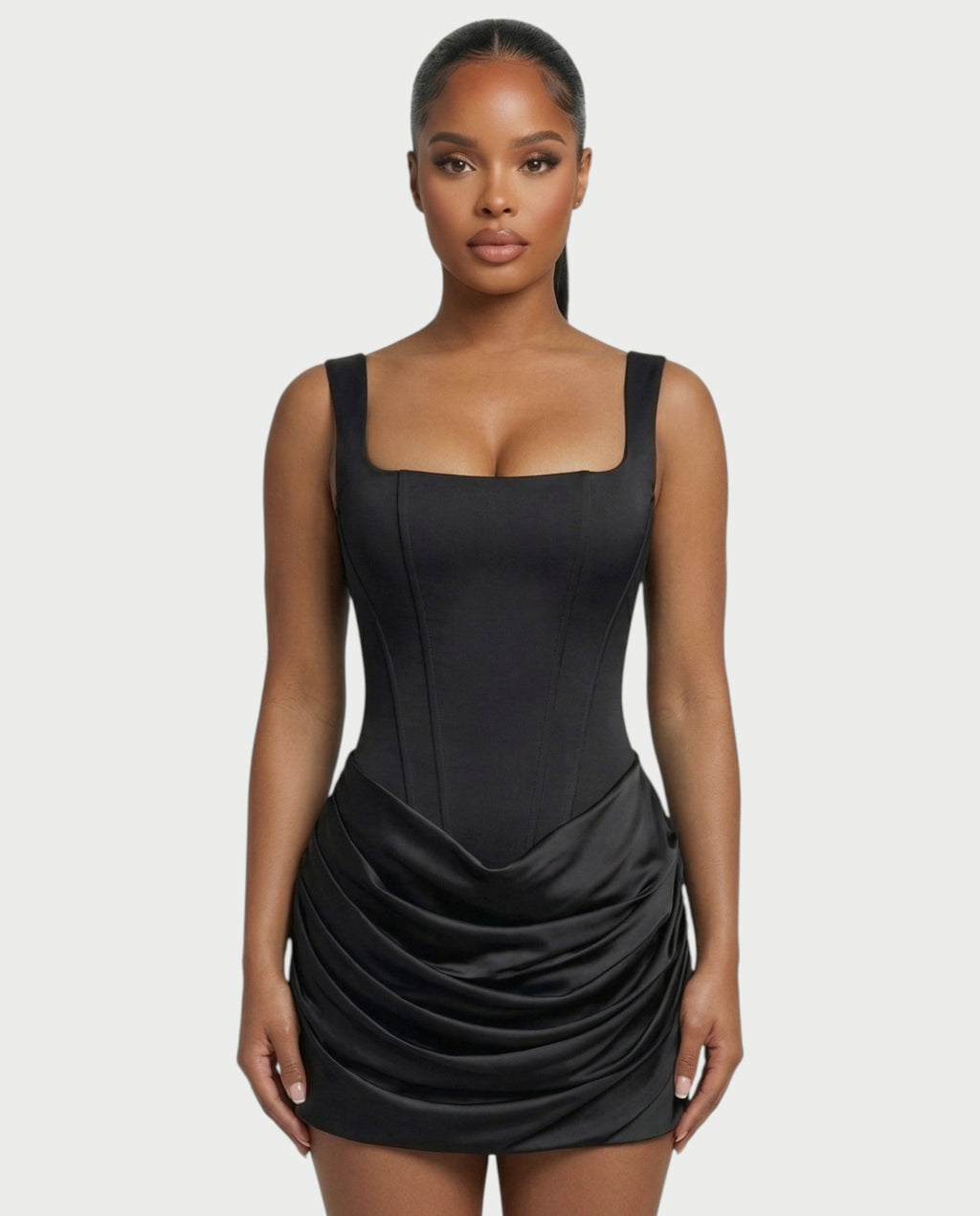 ROANE Square-Neck Ruched Satin Mini Dress