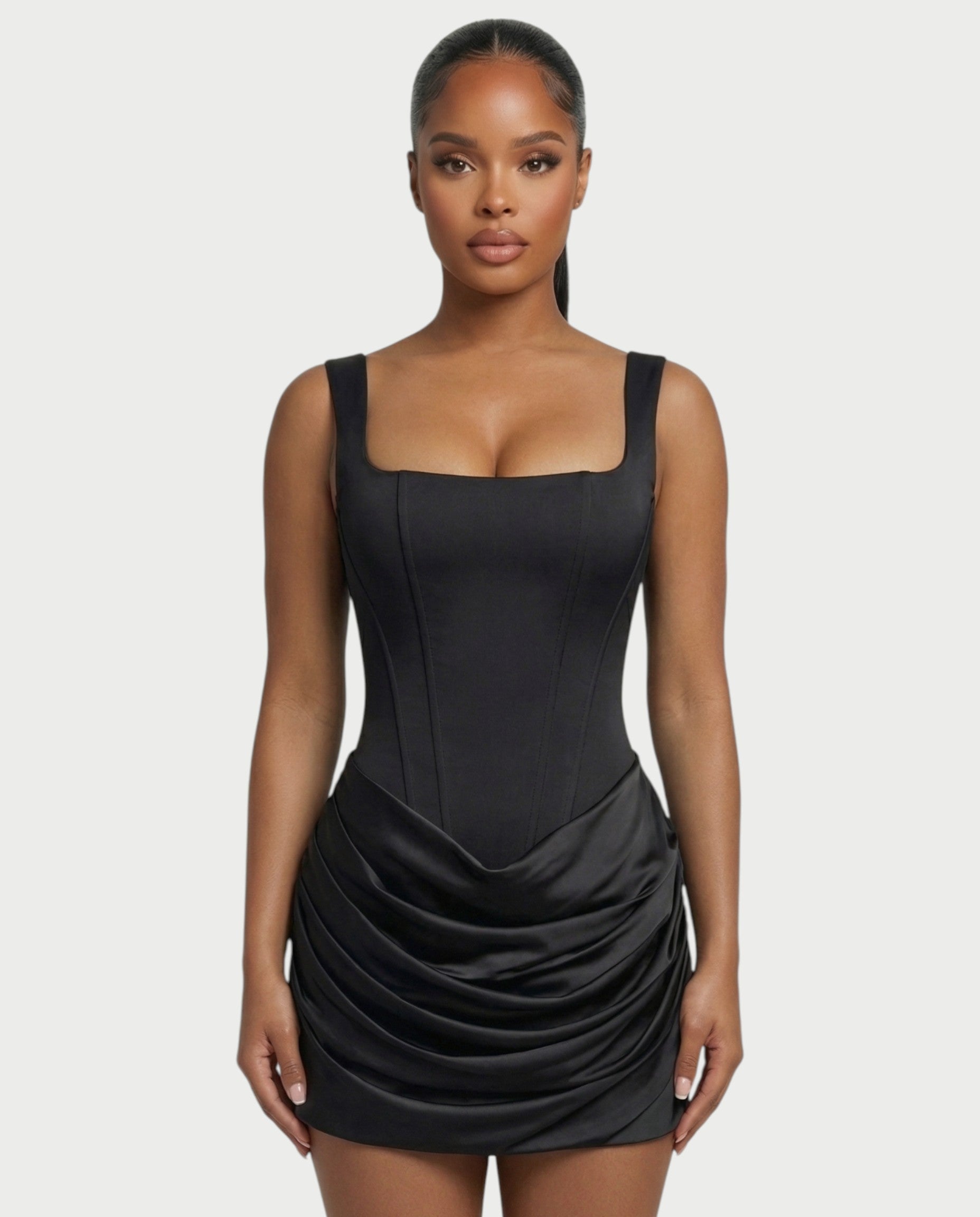 ROANE Square-Neck Ruched Satin Mini Dress