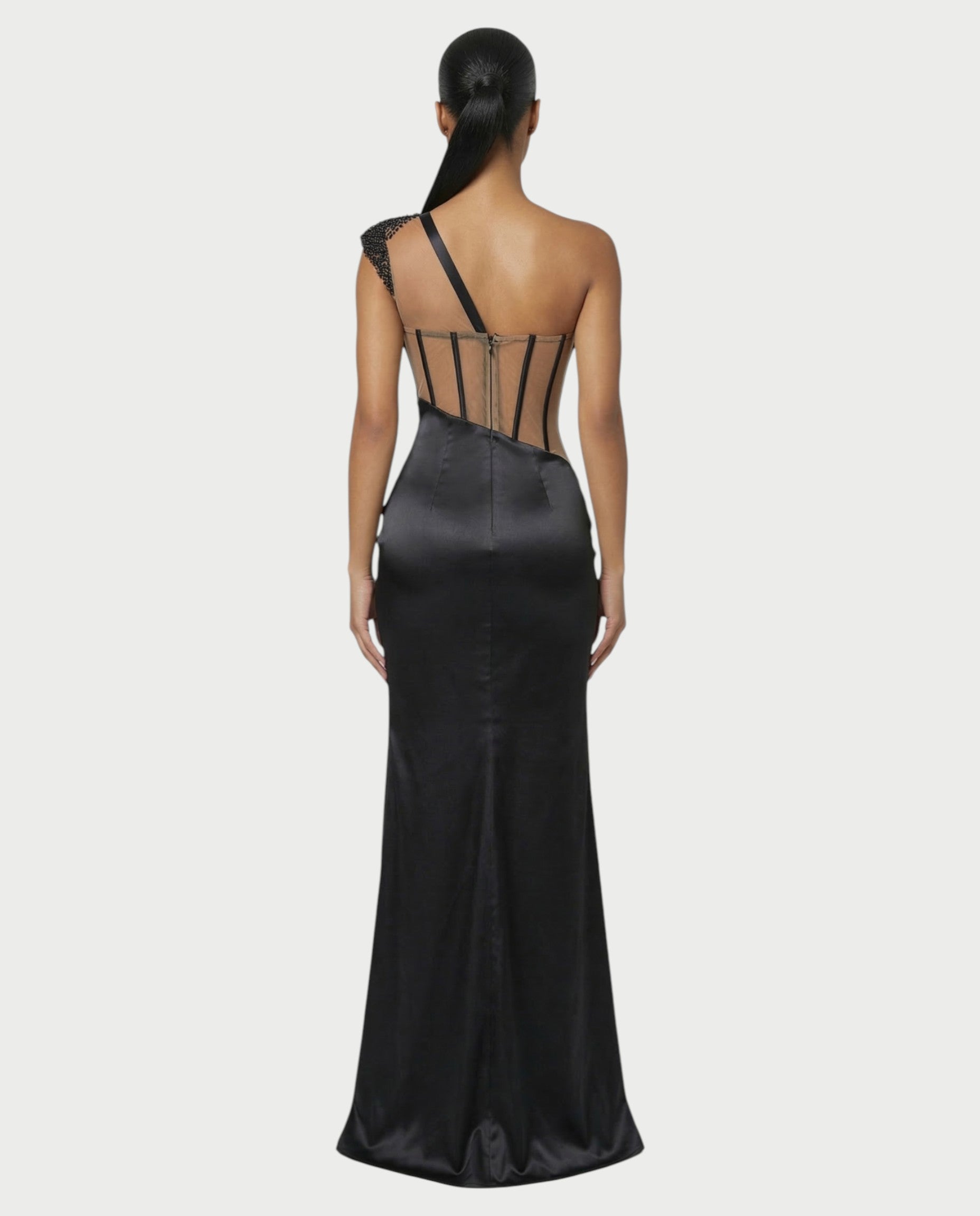 LYXEN One-Shoulder High Slit Corset Maxi Dress