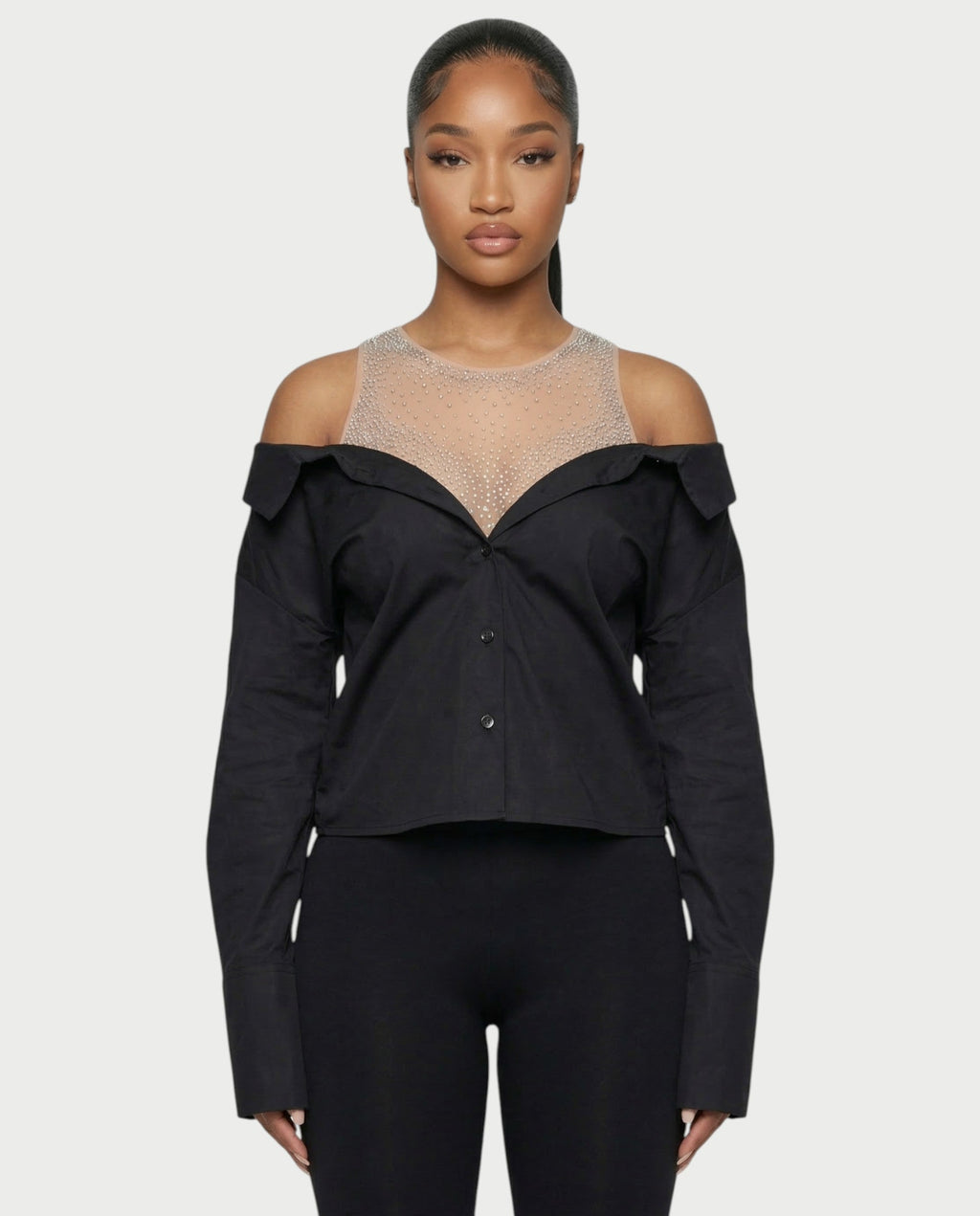 LAINE Off-Shoulder Rhinestone Shirt Top