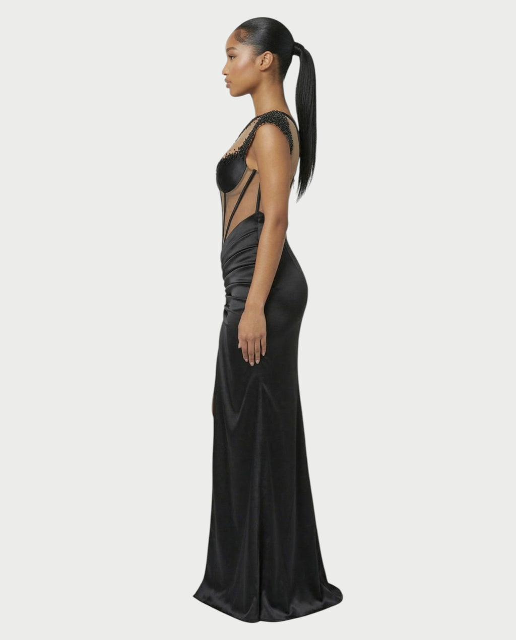 LYXEN One-Shoulder High Slit Corset Maxi Dress