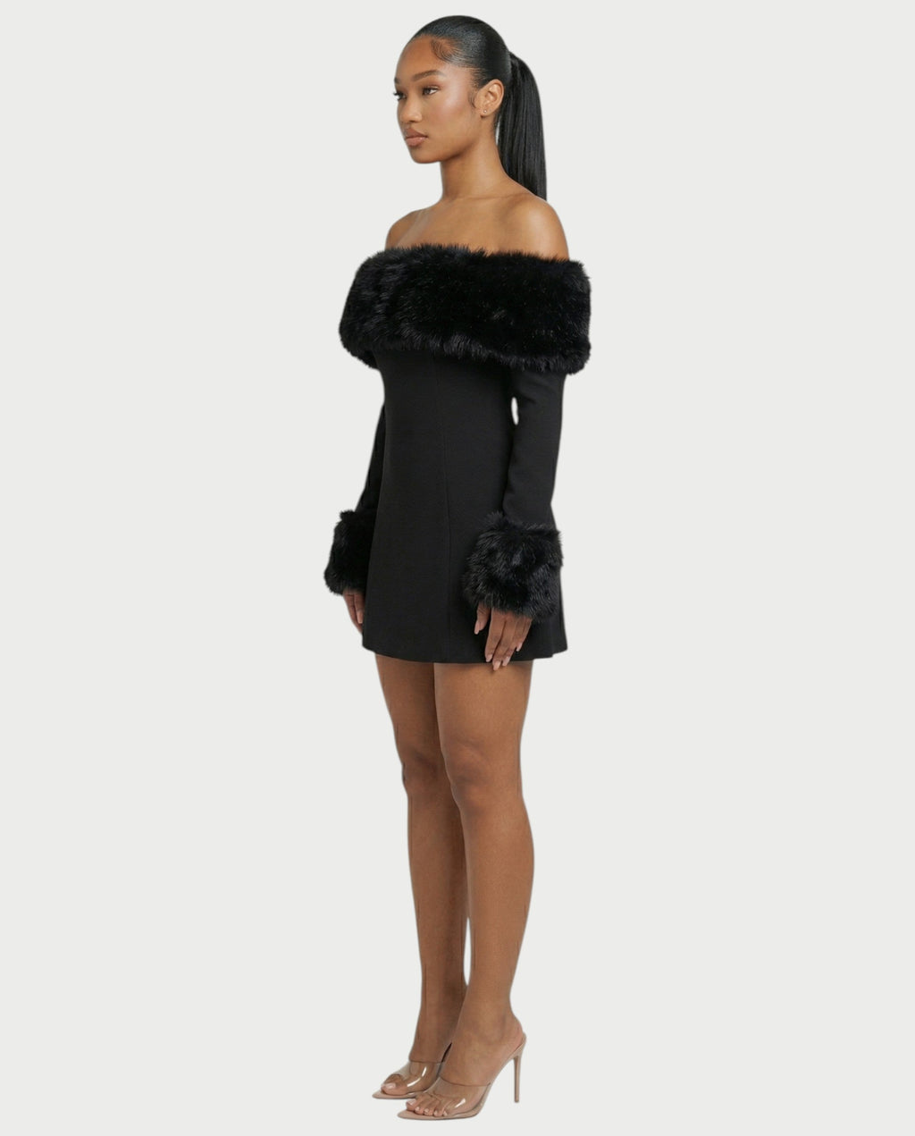 NIRAYA Off-Shoulder Faux Fur Trim Mini Dress