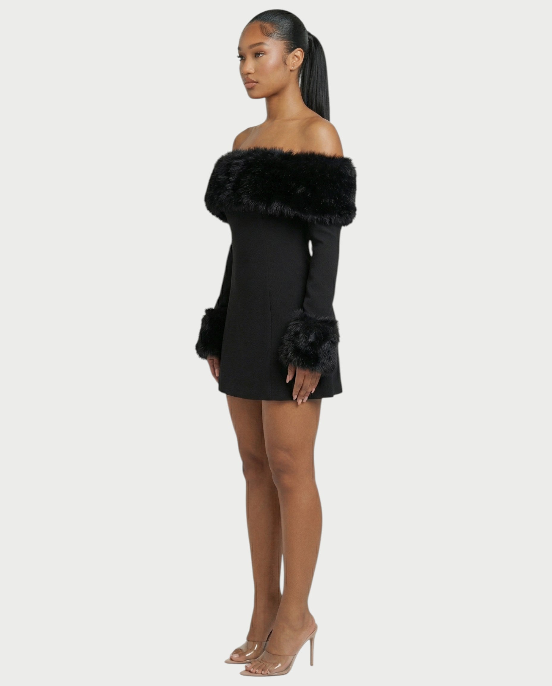 NIRAYA Off-Shoulder Faux Fur Trim Mini Dress