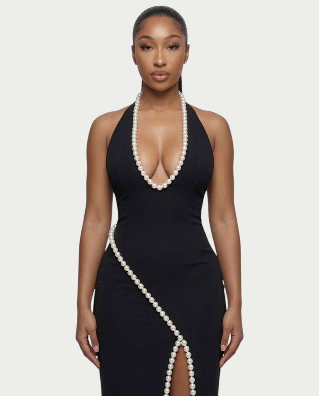 VIDA Pearl-Trim Halter Slit Maxi Dress