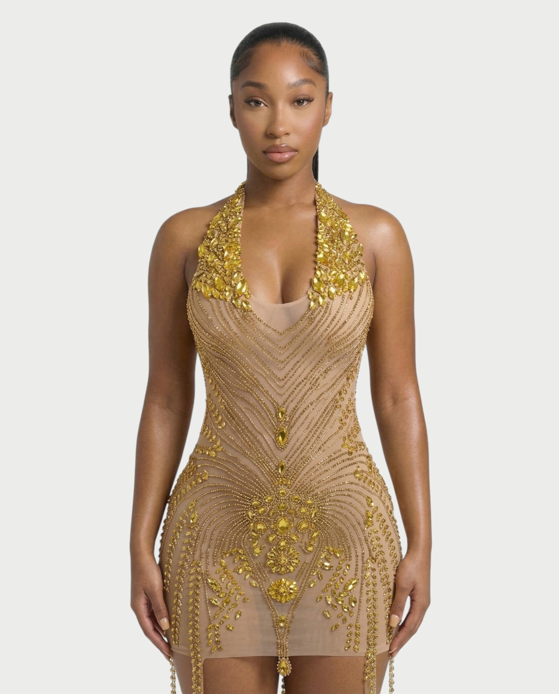 ZYRIL Halter Sheer Crystal Bodycon Mini Dress