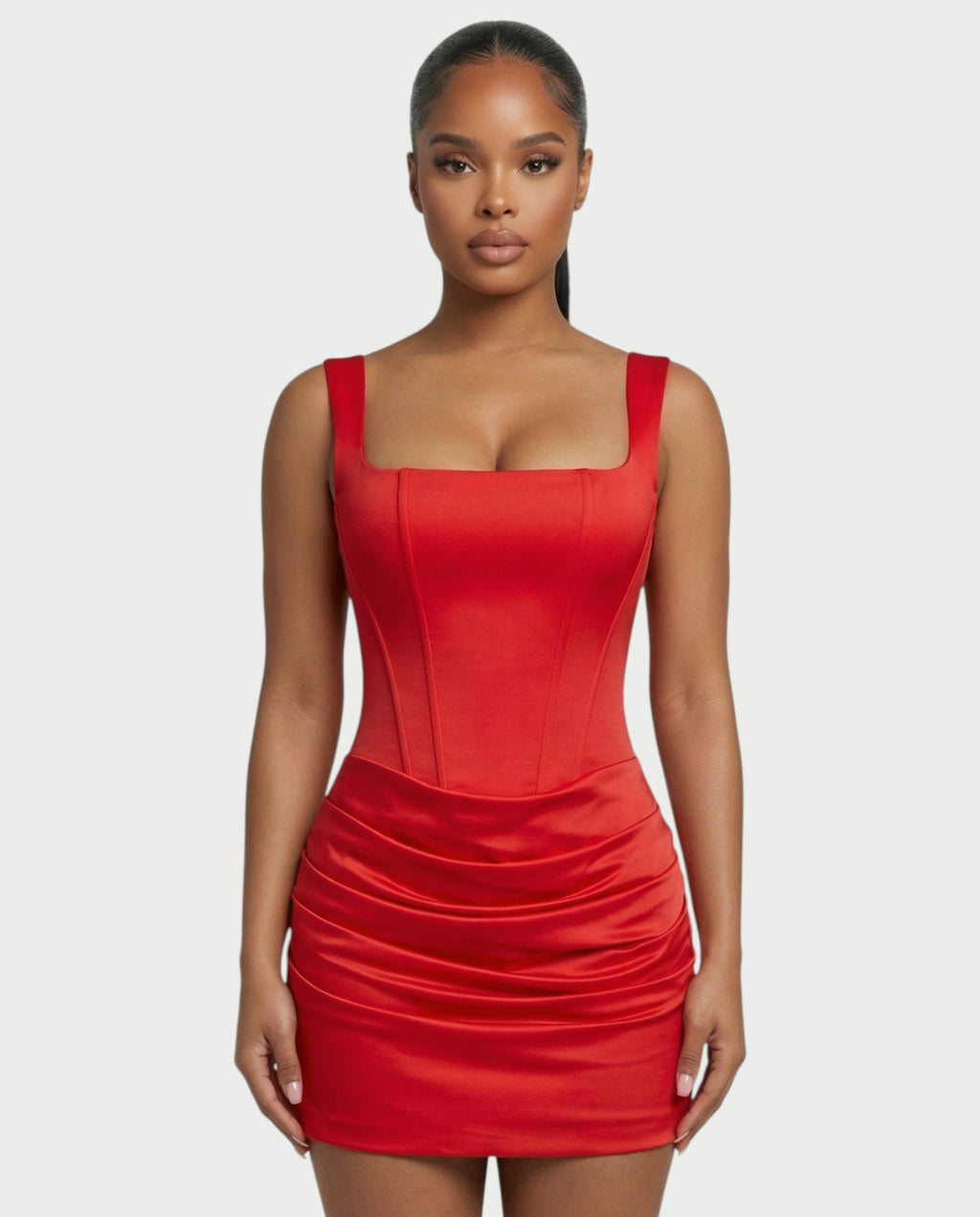 ROANE Square-Neck Ruched Satin Mini Dress