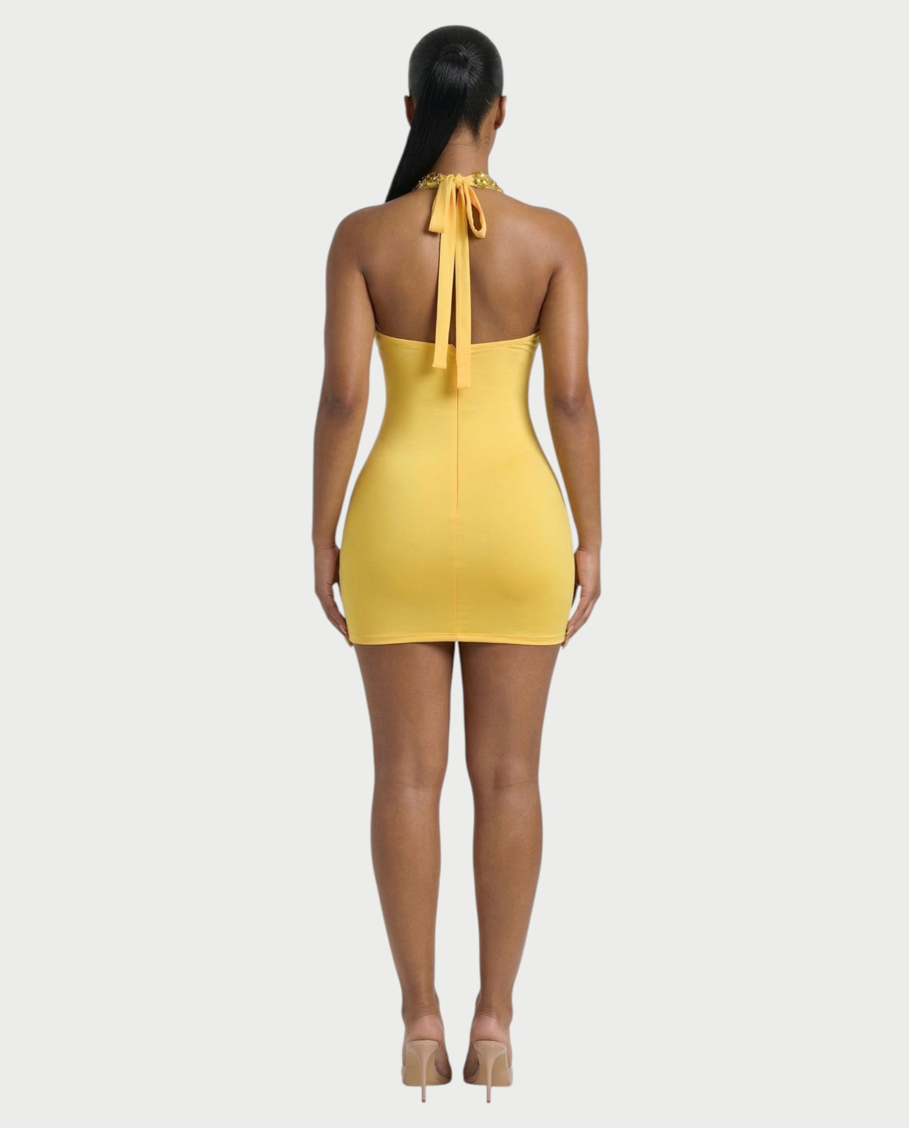 ZYRIL Halter Sheer Crystal Bodycon Mini Dress