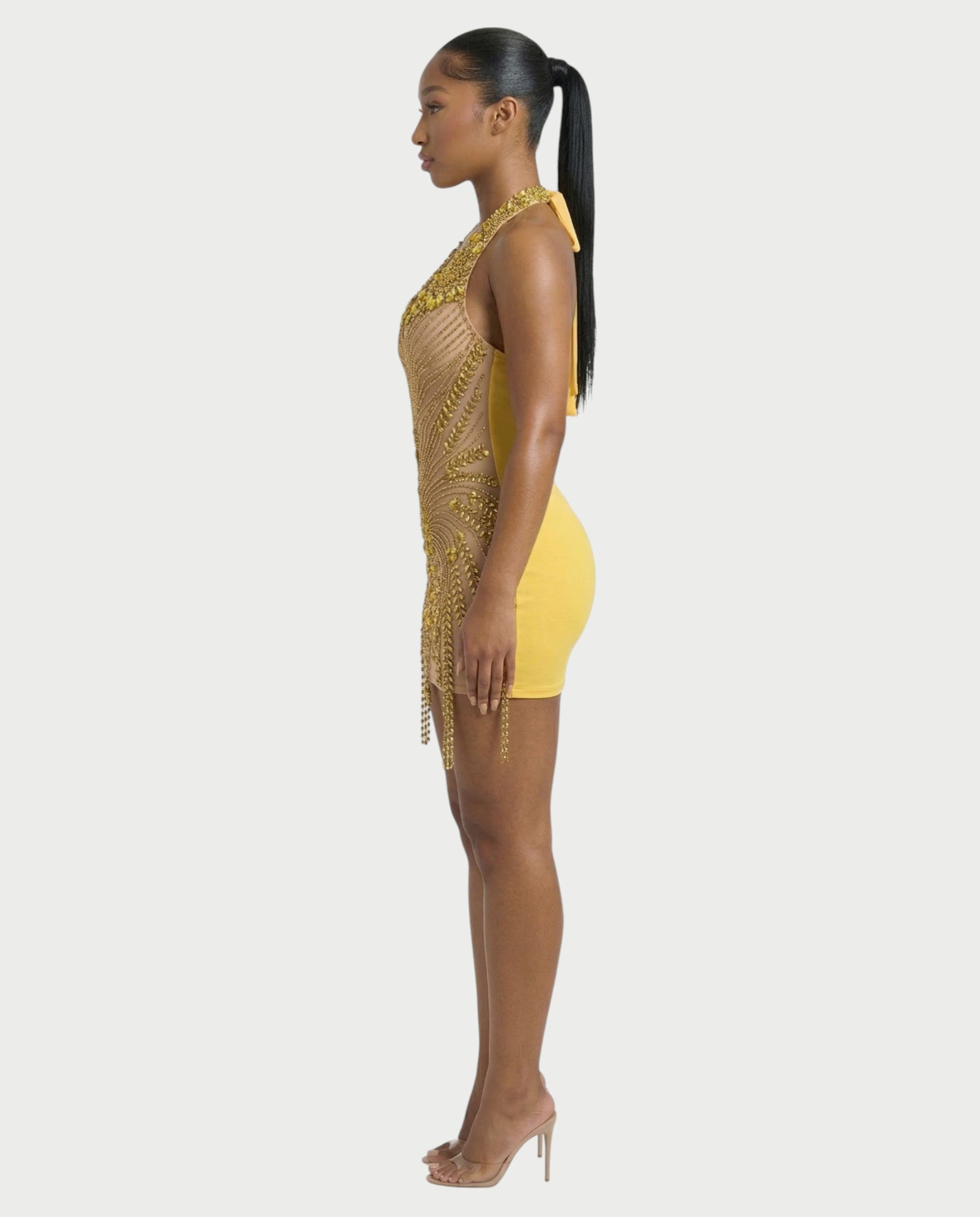 ZYRIL Halter Sheer Crystal Bodycon Mini Dress