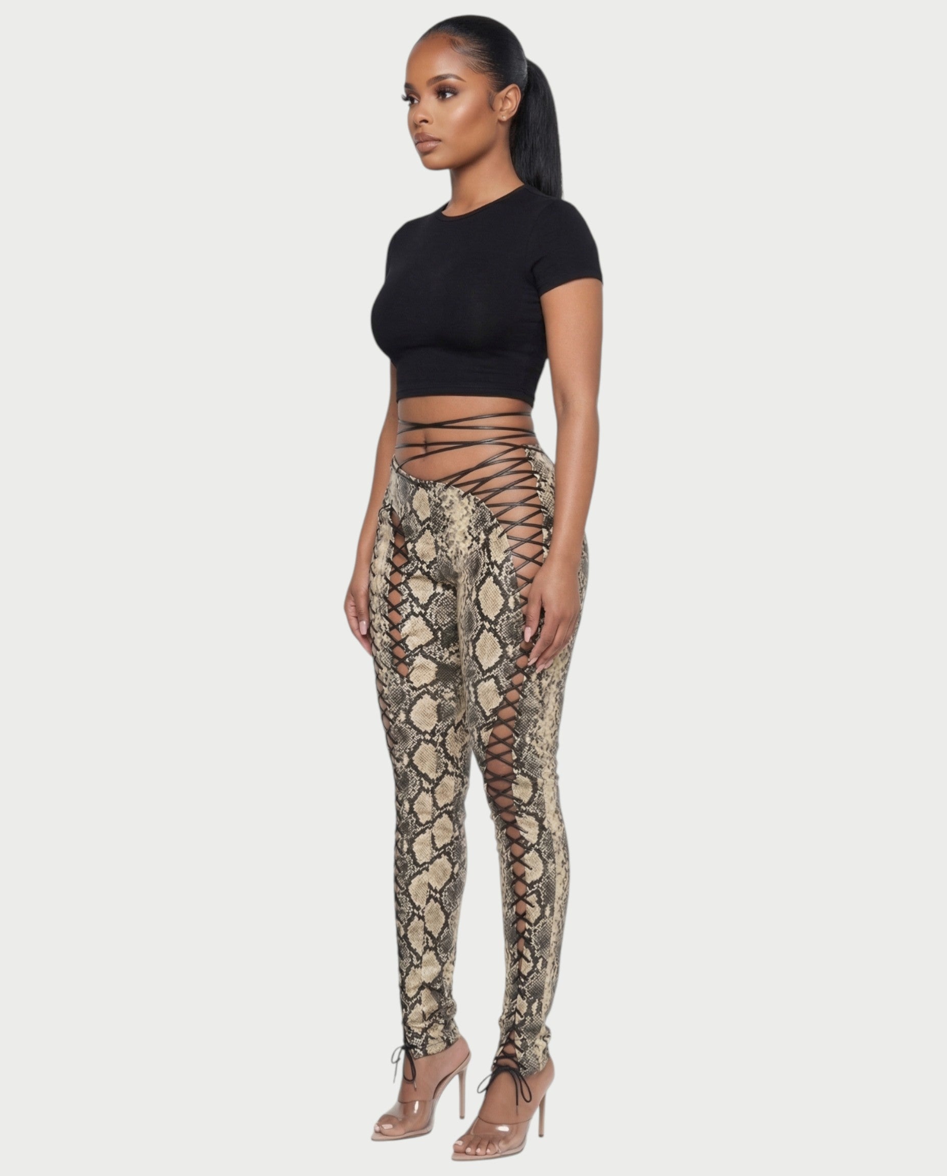 ZELDA Snake Print Lace-Up Cutout Pants