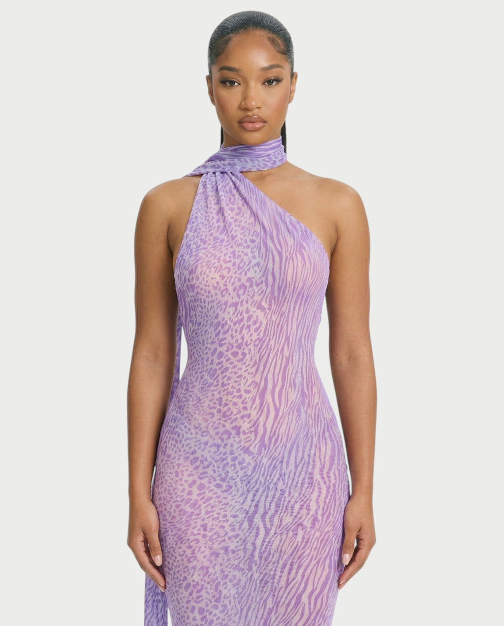HAYANA Sheer Leopard Scarf Detail Backless Maxi Dress
