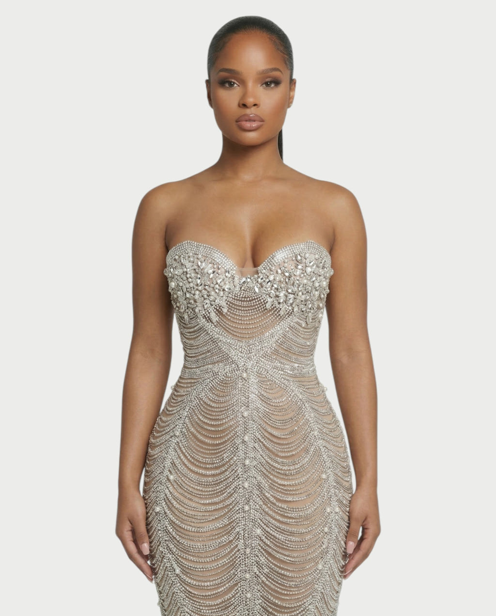 LORIN Crystal Chain Lace-Up Back Maxi Dress