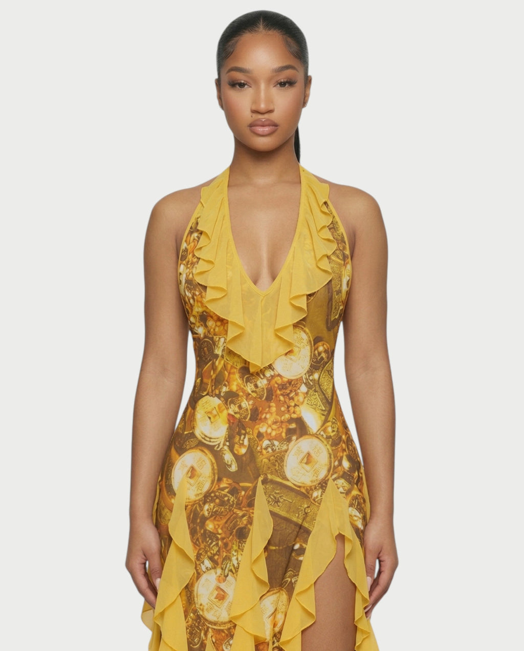 KIMMY Baroque Chain Print Ruffle Maxi Dress