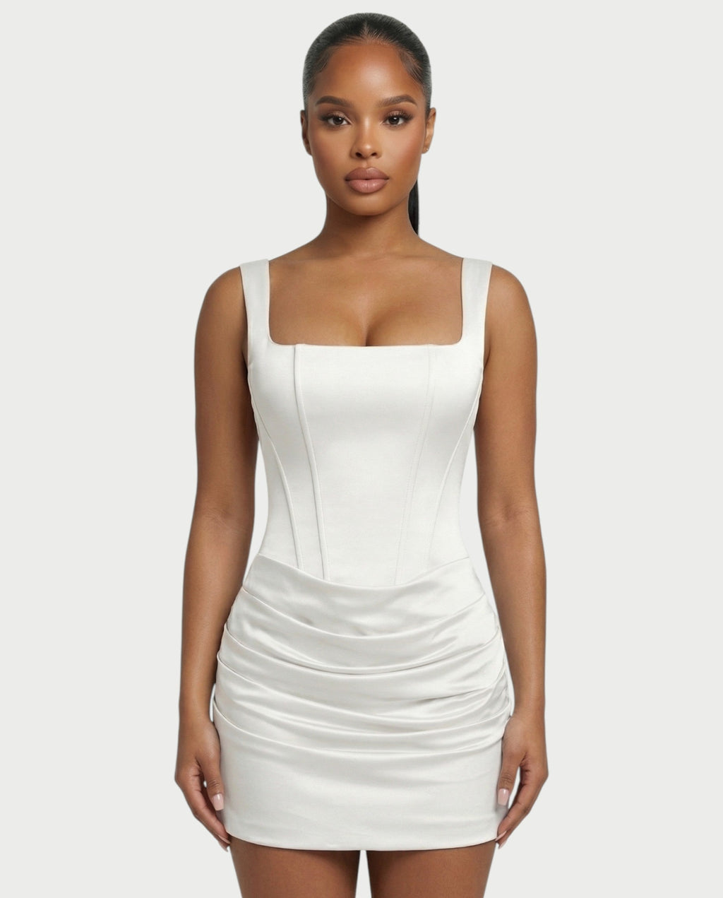 ROANE Square-Neck Ruched Satin Mini Dress