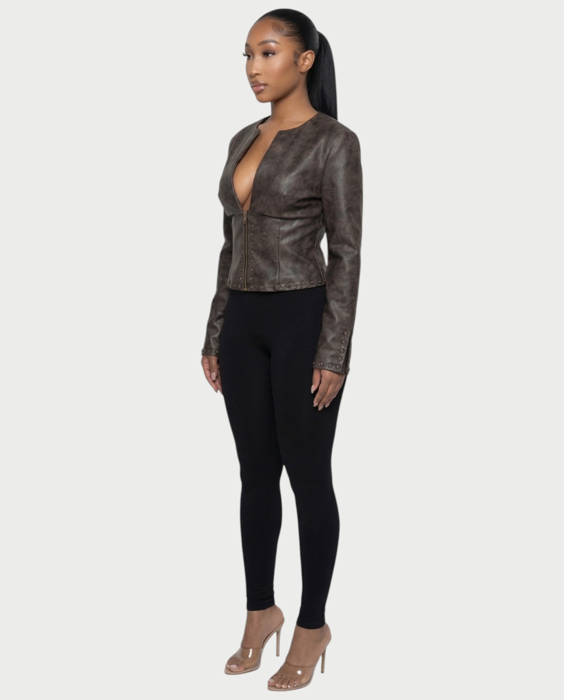 CORRY Studded Zip Leather Jacket