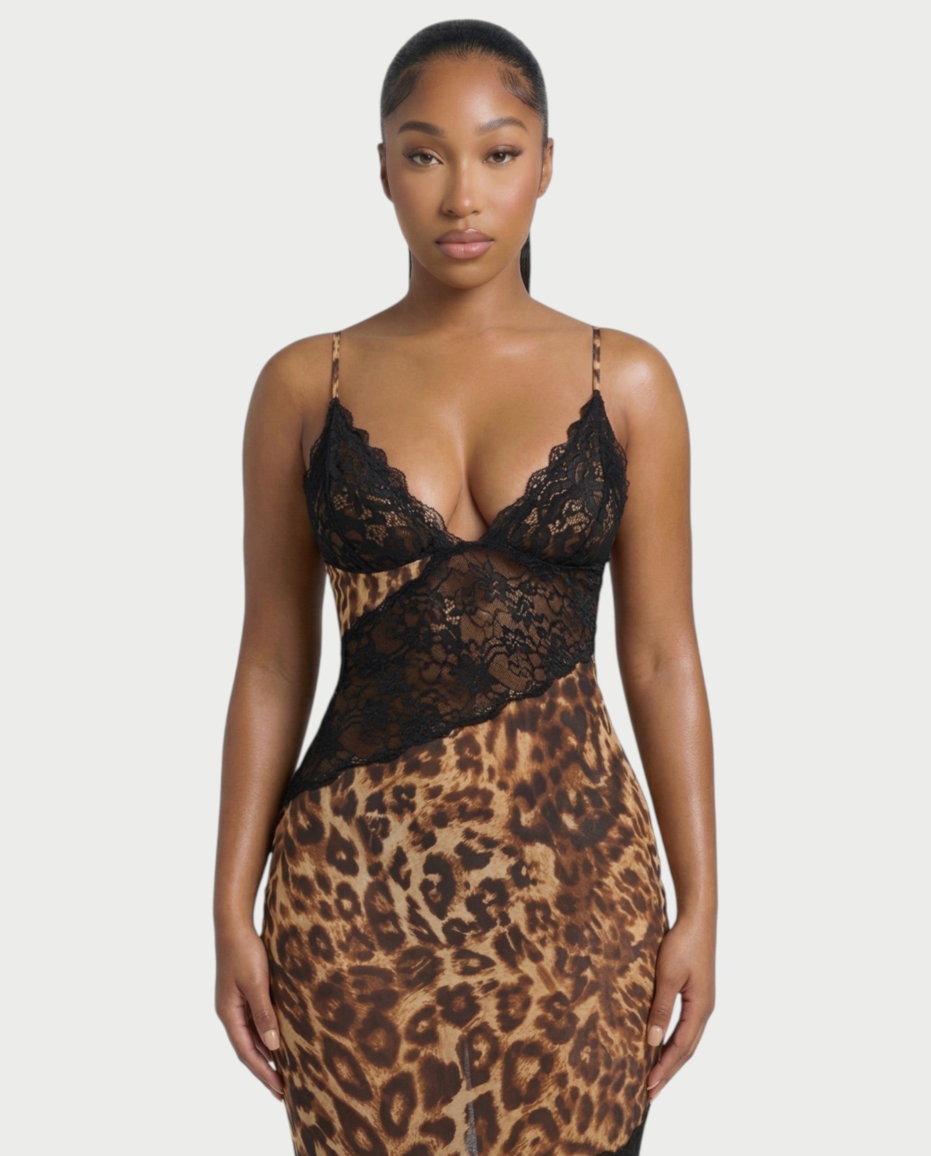 GRETA Leopard Lace Panel Sheer Maxi Dress