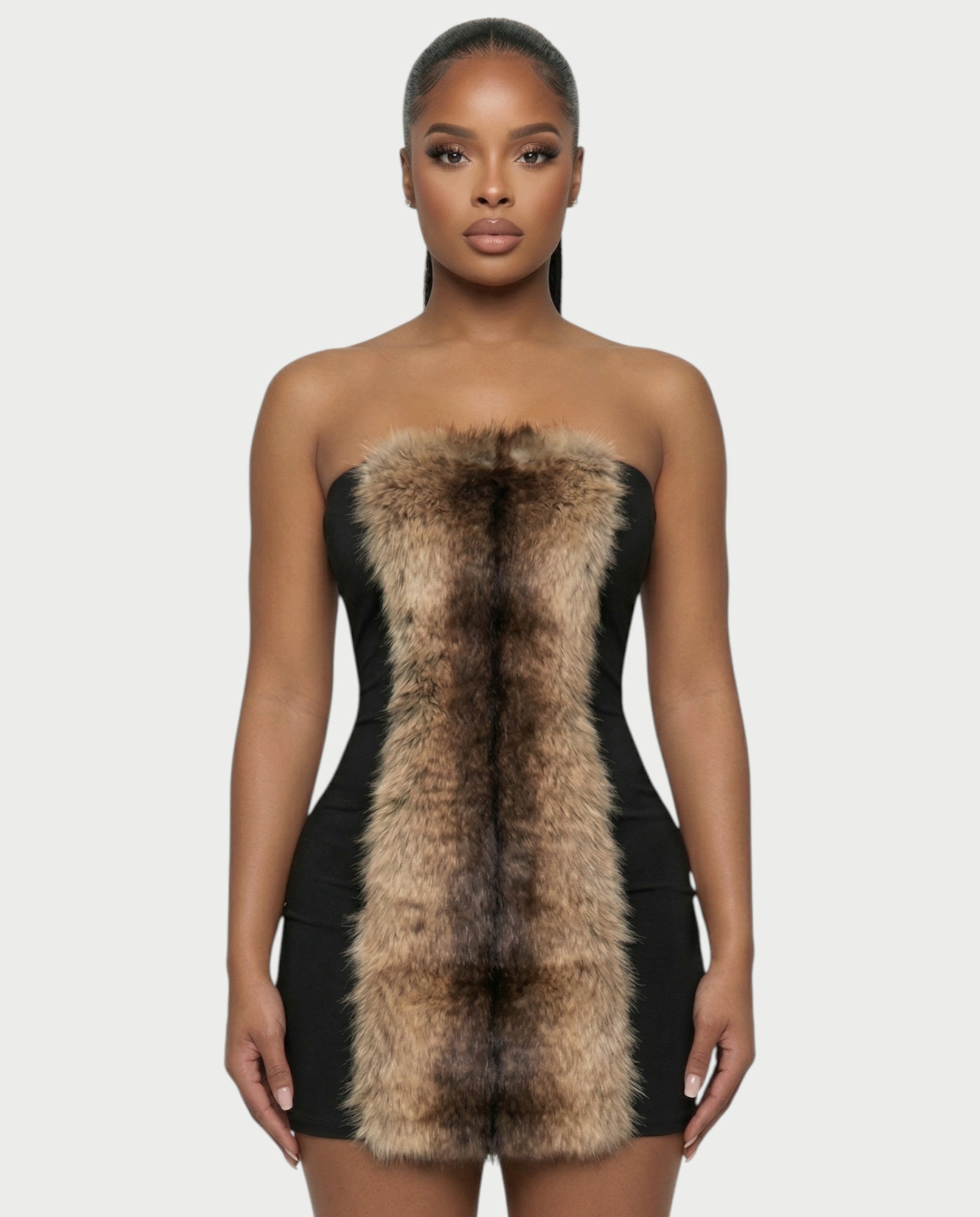 MINAYA Brown Faux-Fur Bodycon Mini Dress
