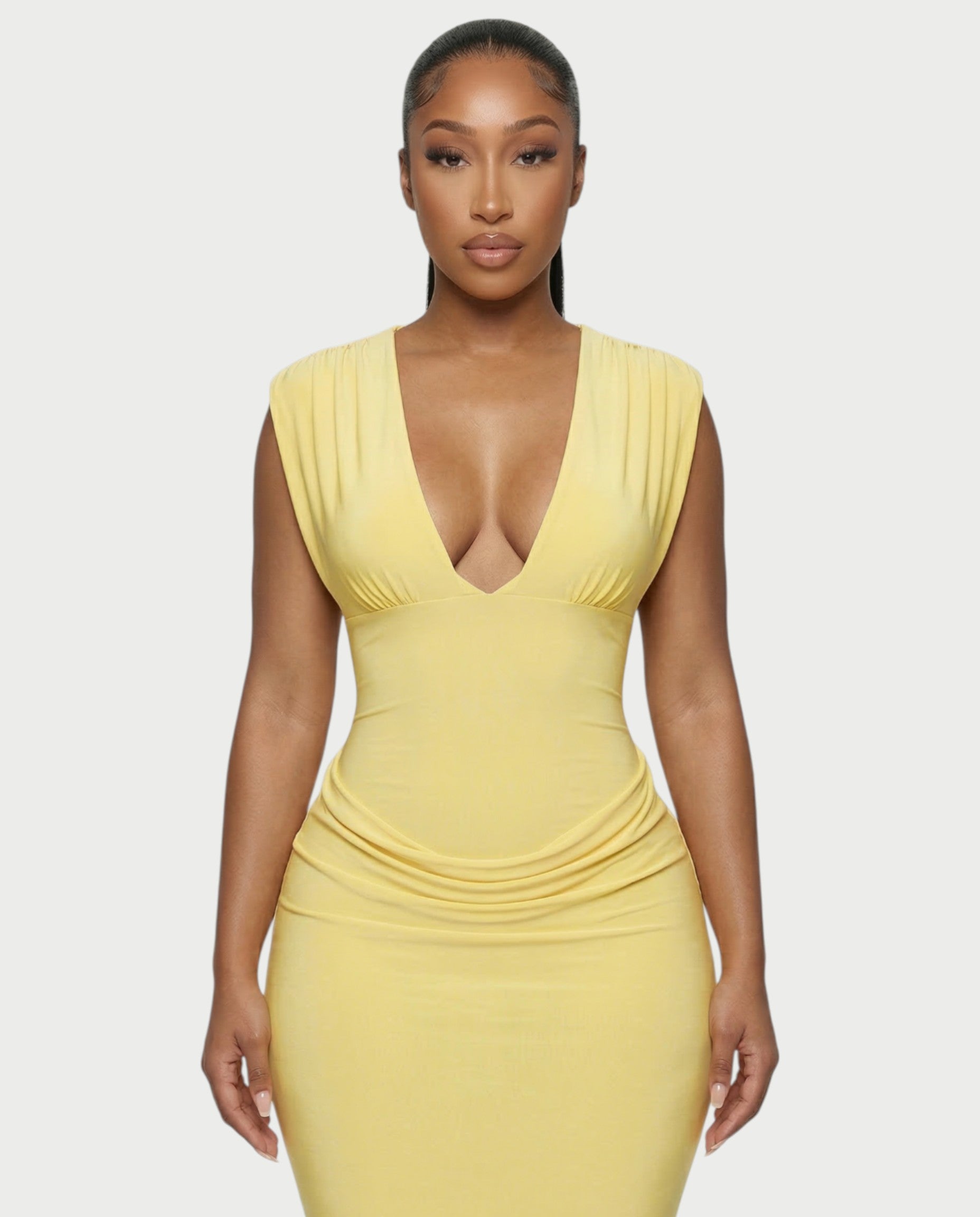 ADLEY Plunge-Neck Ruched Bodycon Maxi Dress