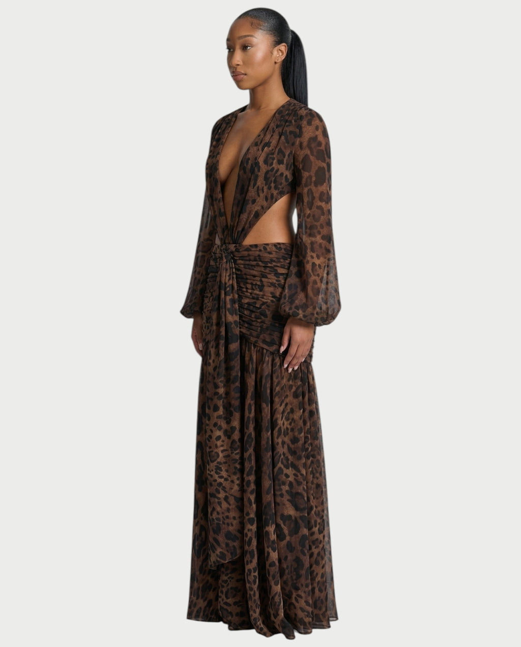 RAIZA Leopard Open Back Chiffon Maxi Dress