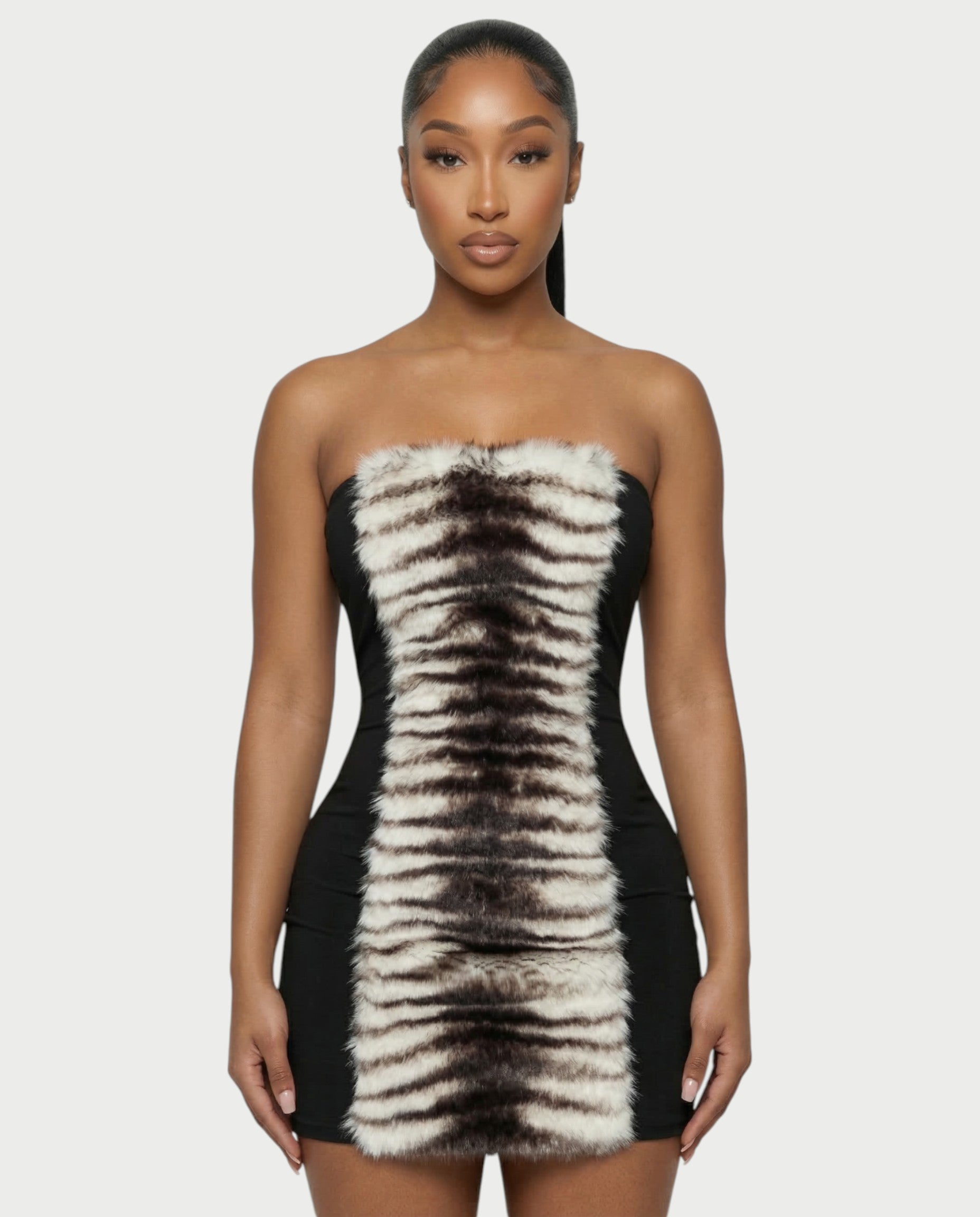HALIYA Zebra Faux-Fur Bodycon Mini Dress