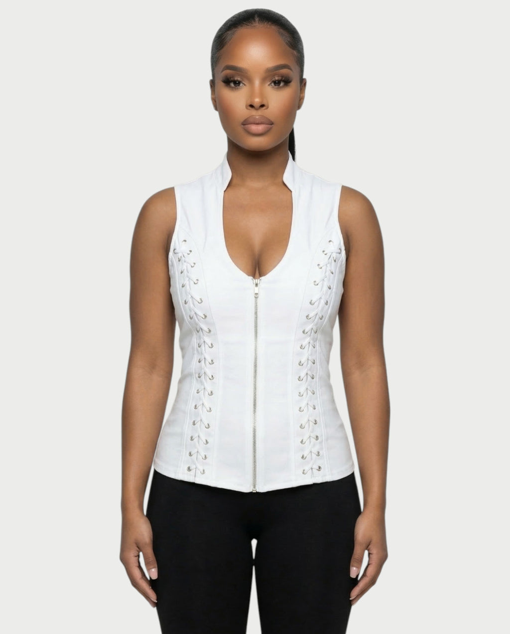 VELENA Lace-Up Zip-Front Vest Top