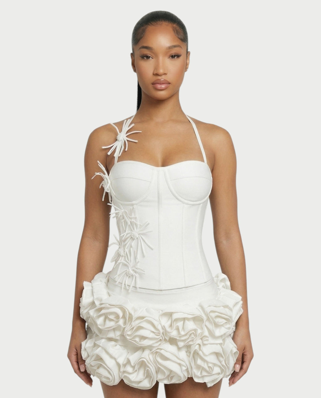 STUCY Floral Appliqué Corset & Mini Skirt Set