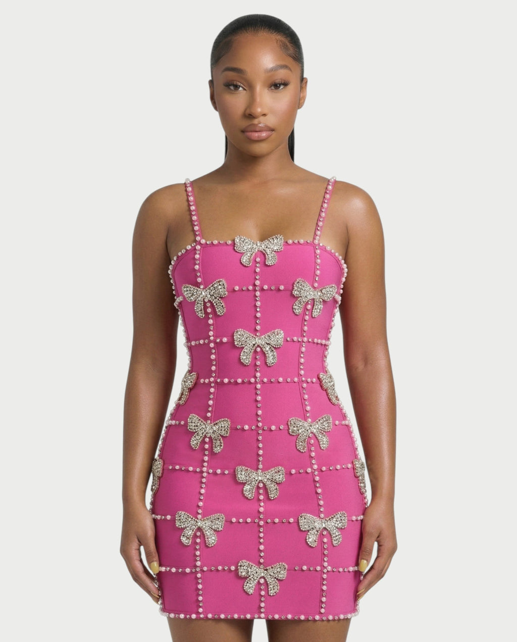 RYMA Rhinestone Grid Bow Mini Dress