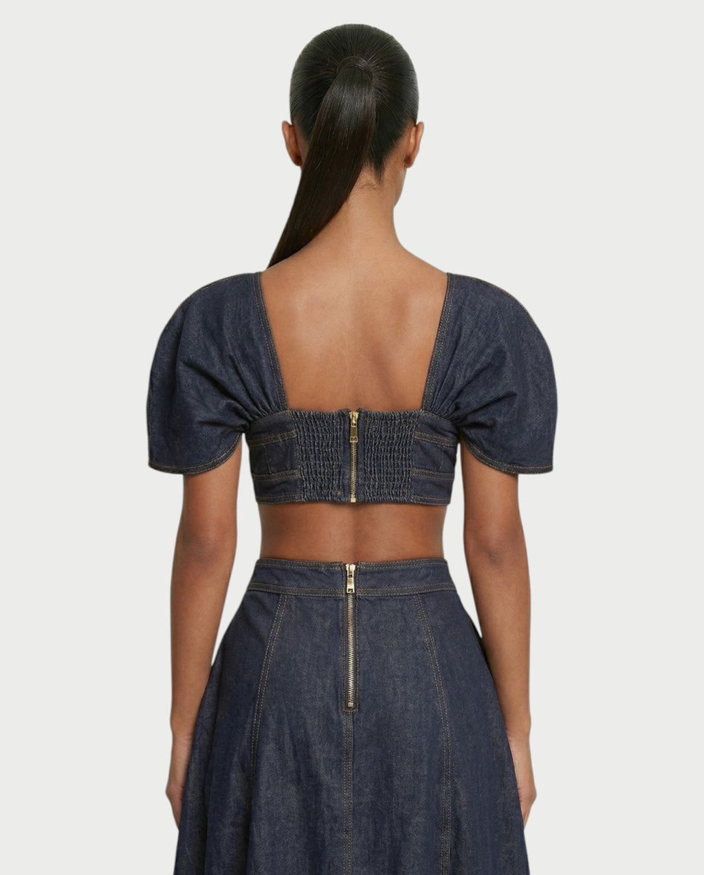 SOWIE Denim Puff Sleeve Top & Ruched Skirt Set