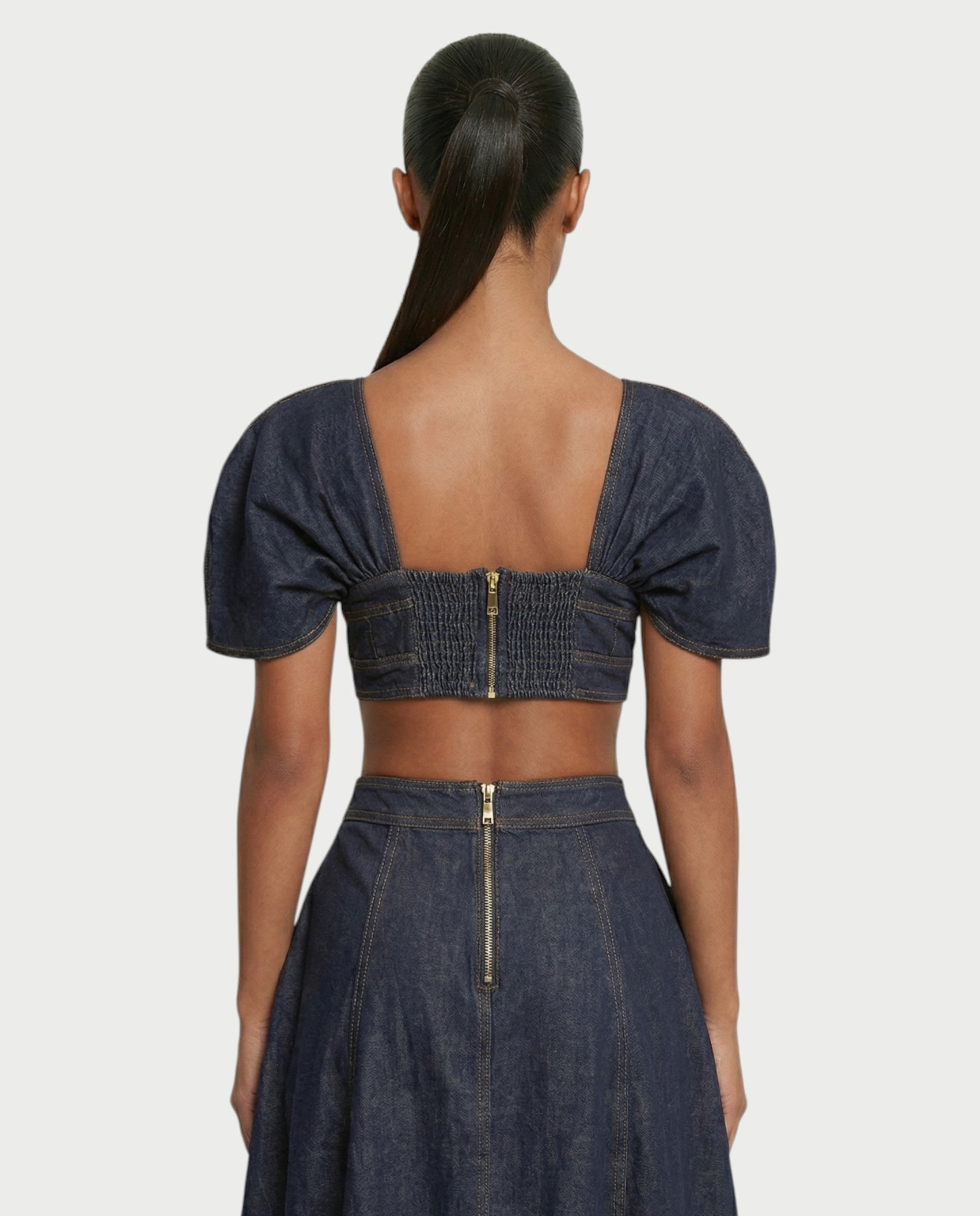SOWIE Denim Puff Sleeve Top & Ruched Skirt Set