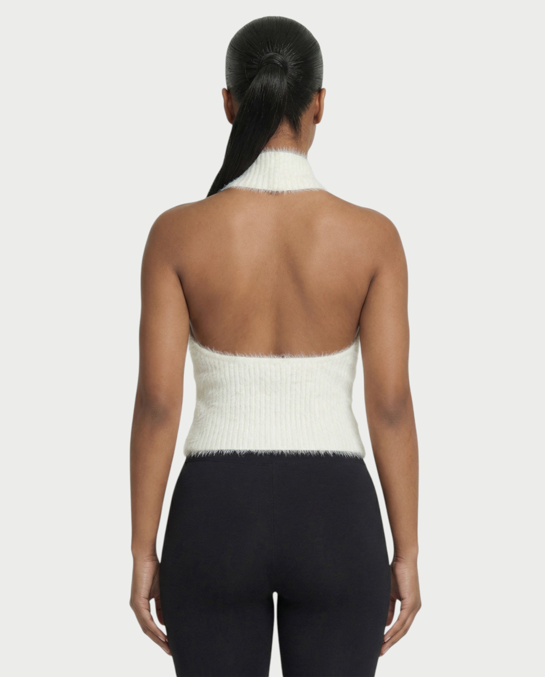RALYN Fuzzy Ribbed Halter Neck Knit Top