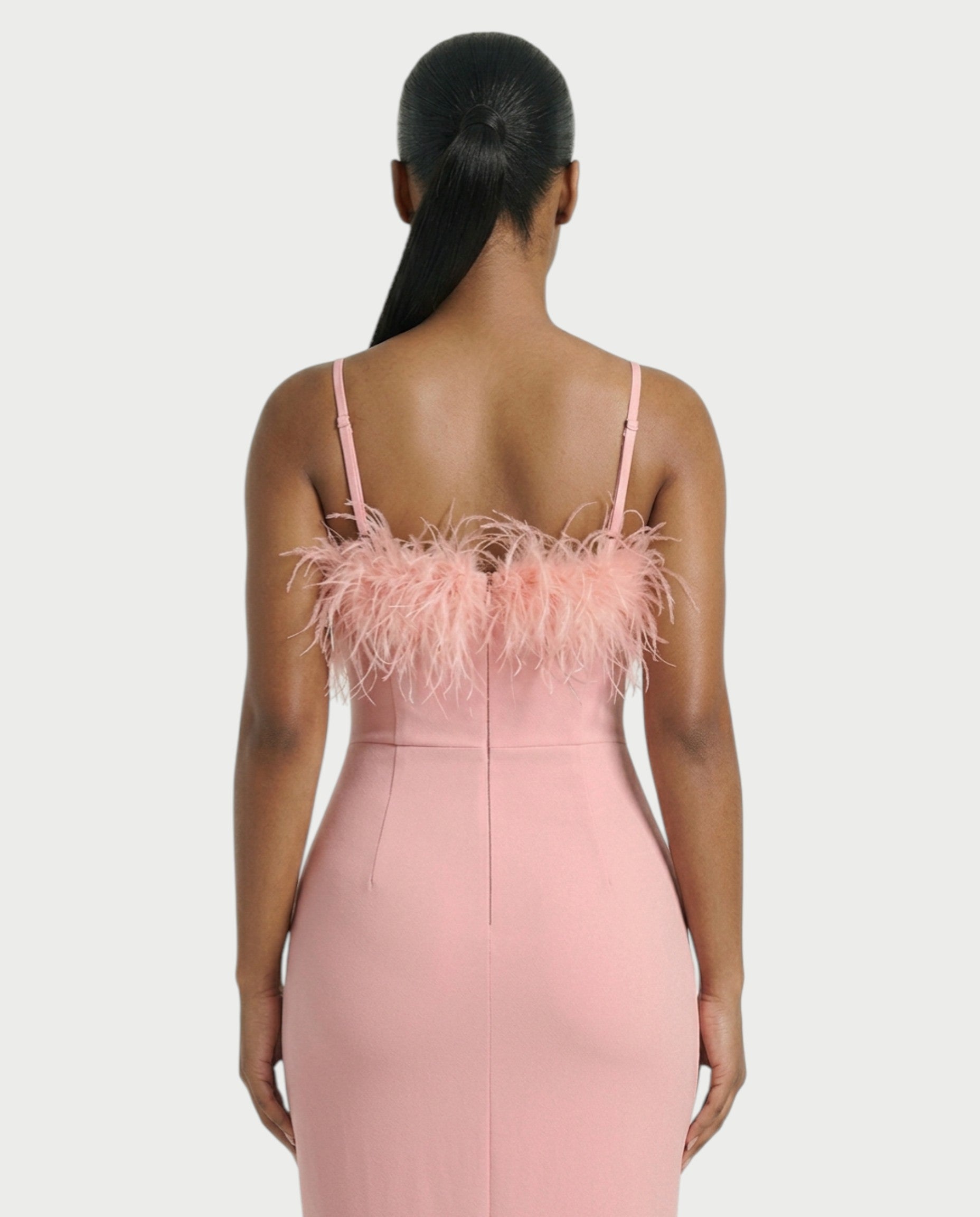 KREYA Feather Trim Bodycon Maxi Dress