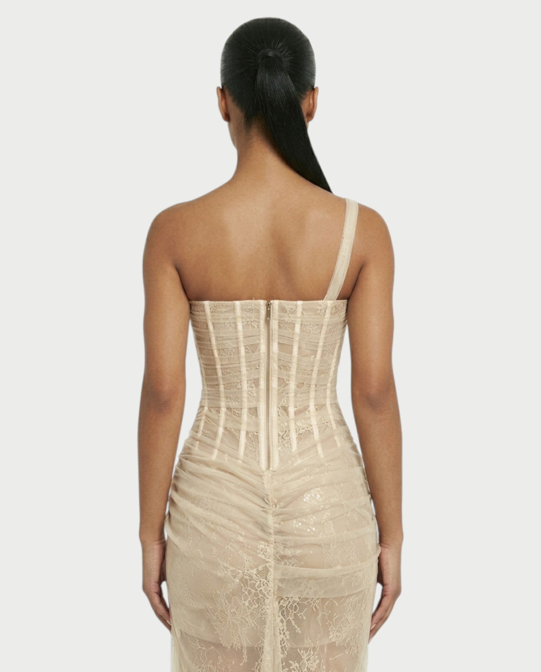 RINA One-Shoulder Lace Corset Maxi Dress