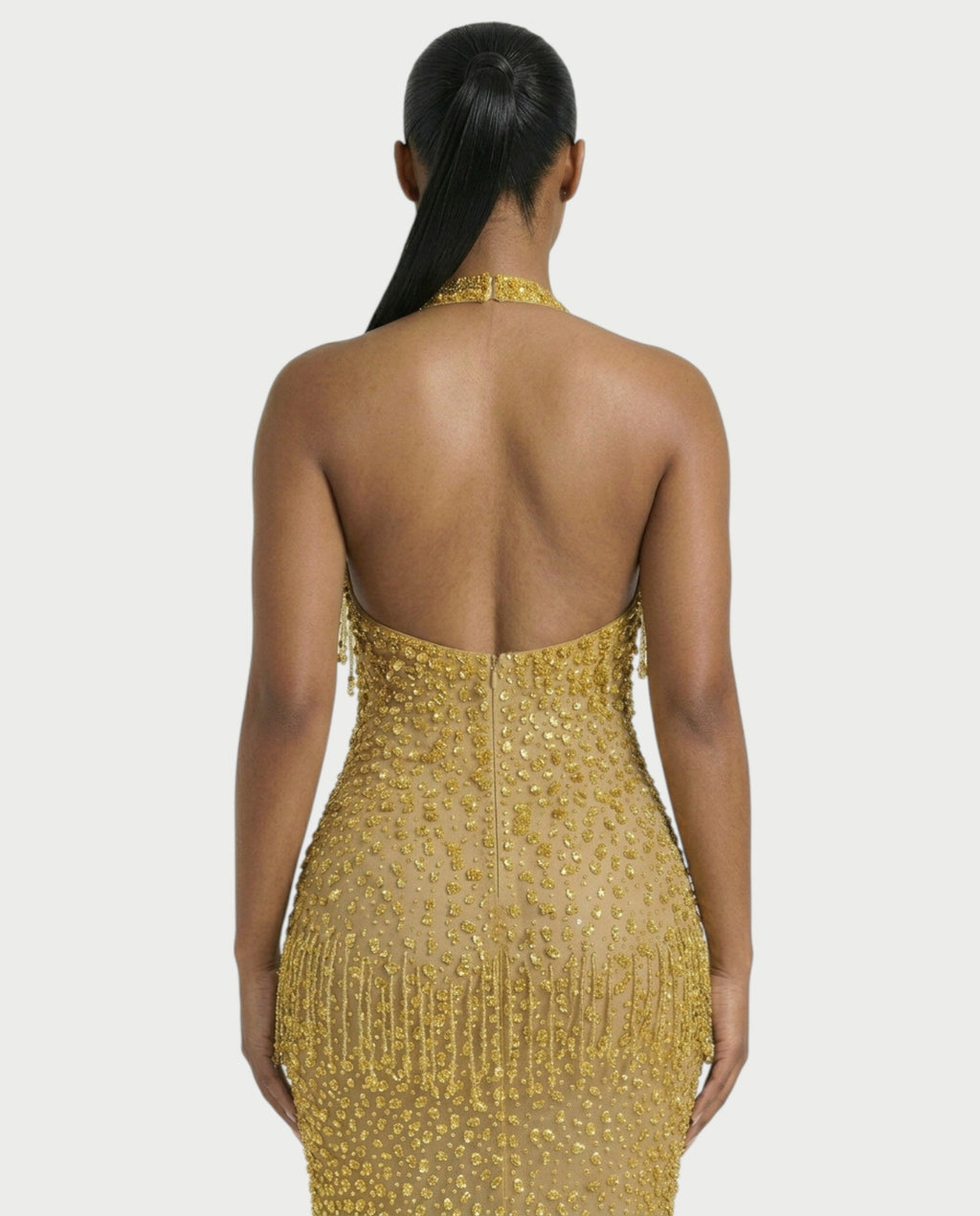 MYRIZ Rhinestone Halter Draped Tassel Maxi Dress