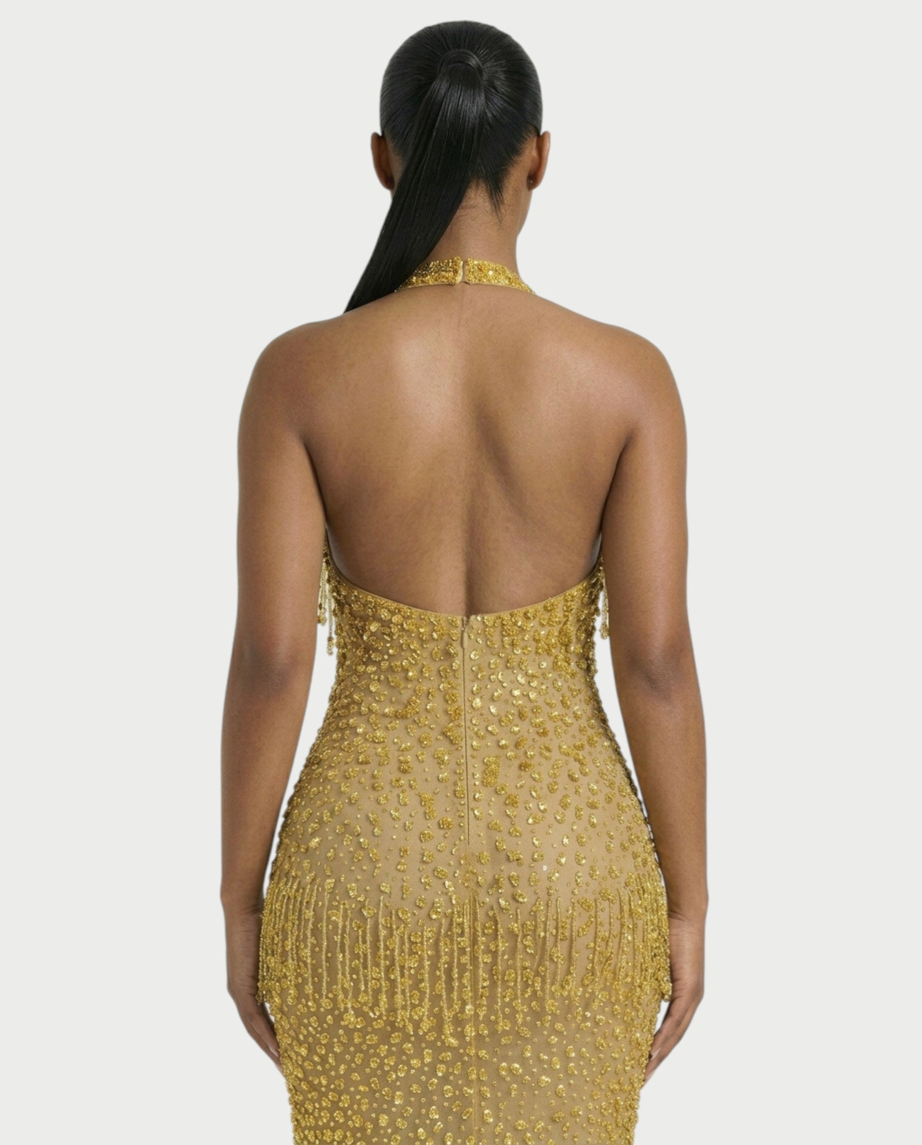 MYRIZ Rhinestone Halter Draped Tassel Maxi Dress