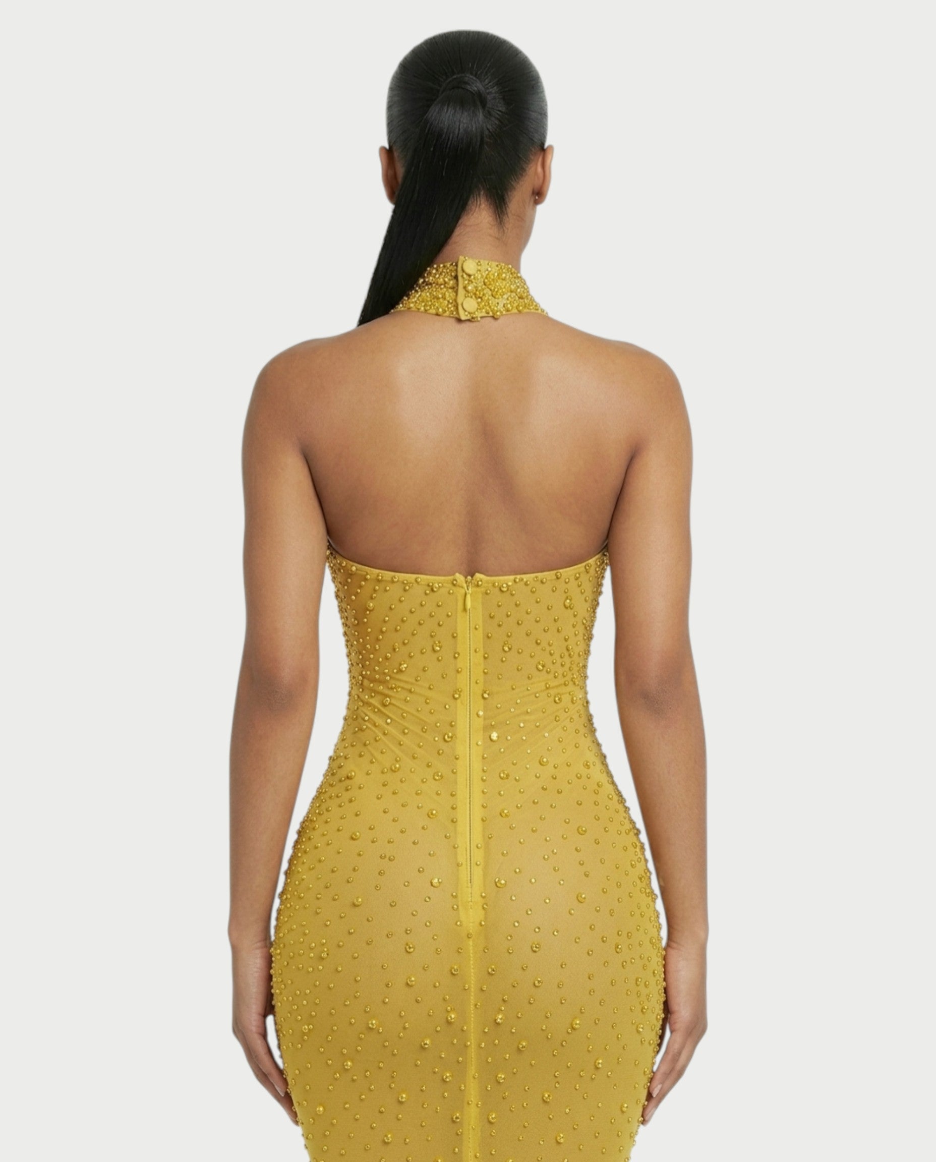 FUERA Rhinestone Mesh Bodycon Maxi Dress